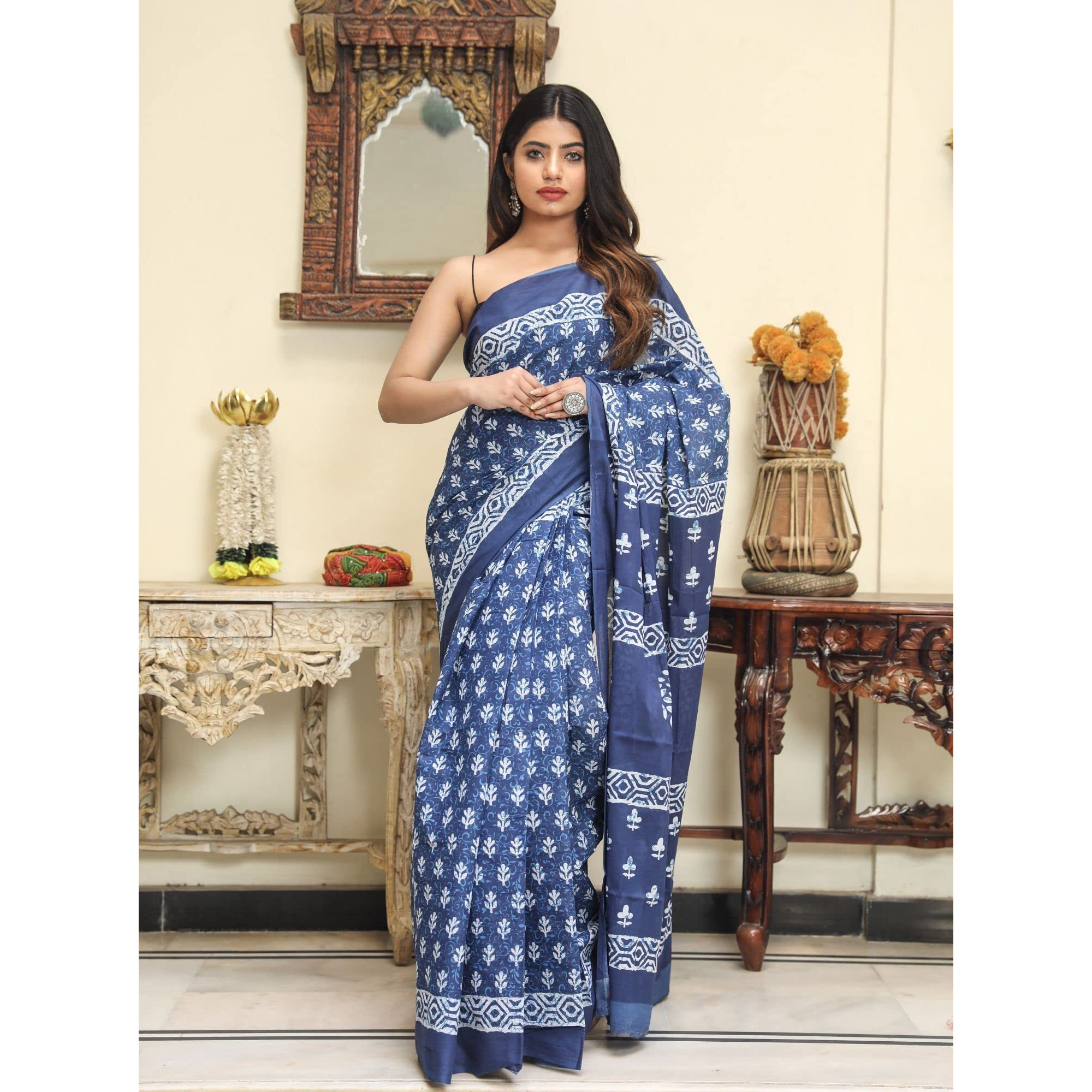 JALTHER Womens Ikat Hand Block Print Jaipuri Cotton Mulmul Saree with Blouse Piece -Blue_Sup_Blue_495_J2