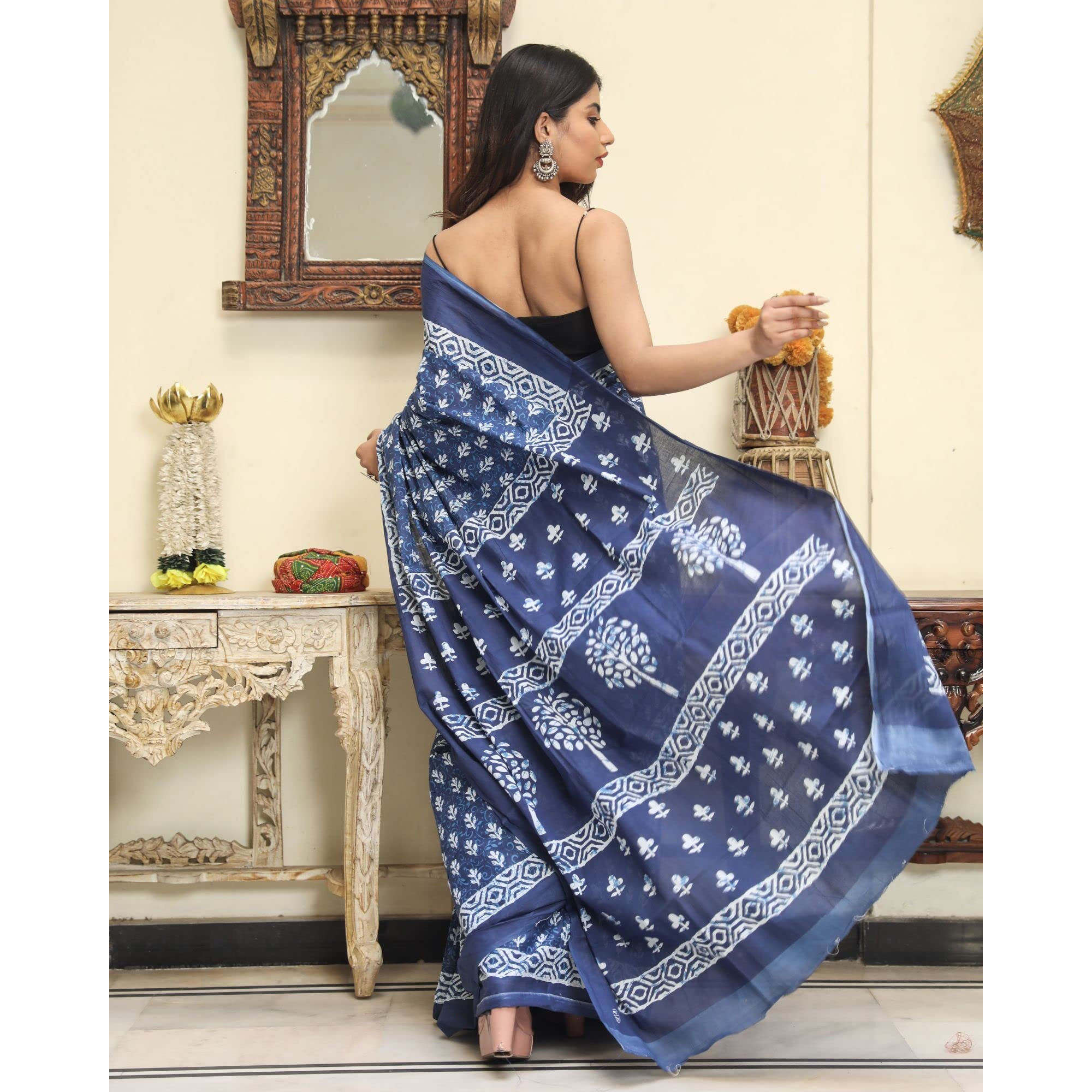 JALTHER Womens Ikat Hand Block Print Jaipuri Cotton Mulmul Saree with Blouse Piece -Blue_Sup_Blue_495_J2