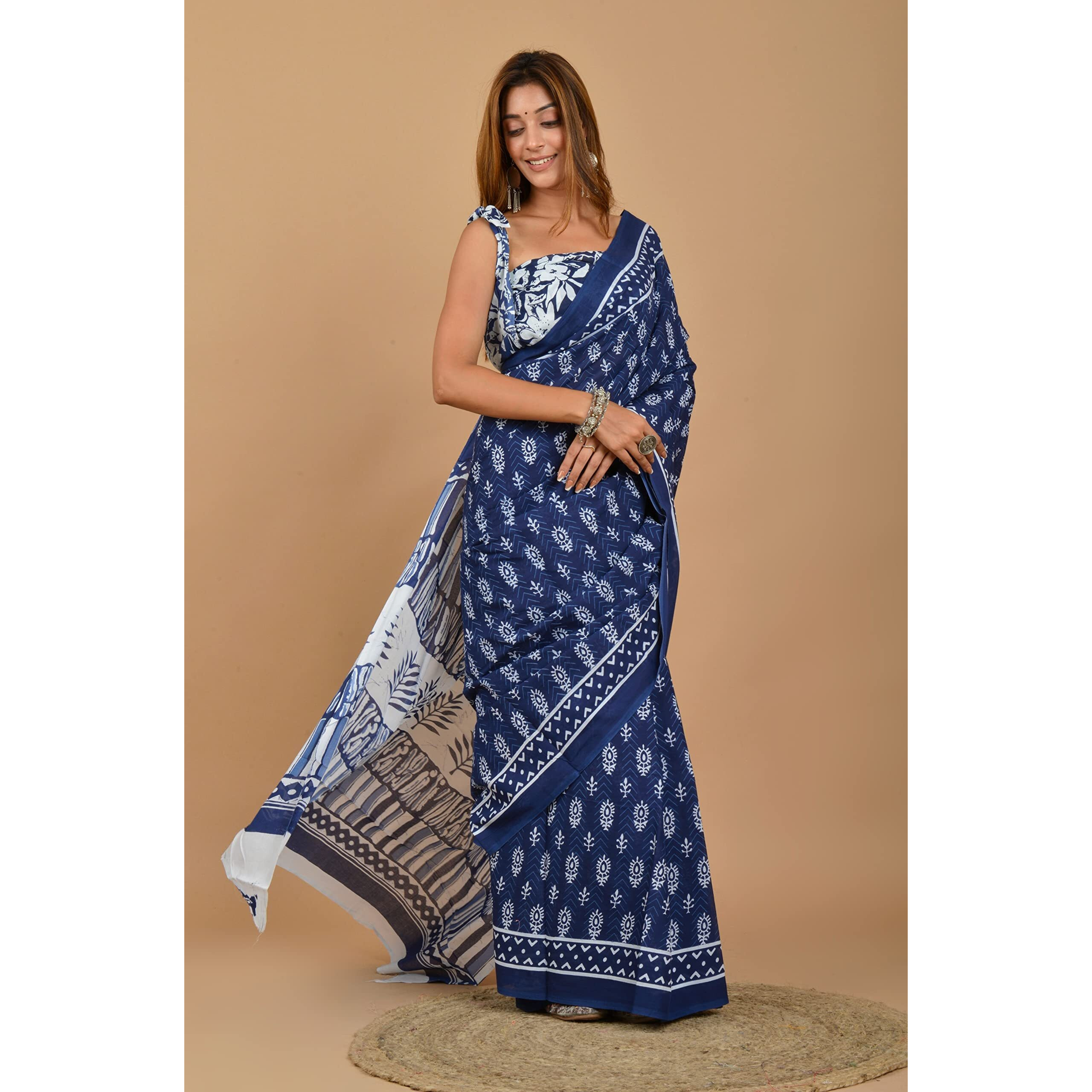 JALTHER Womens Ikat Hand Block Print Jaipuri Cotton Mulmul Saree with Blouse Piece -Blue_Sup_Blue_493_J2