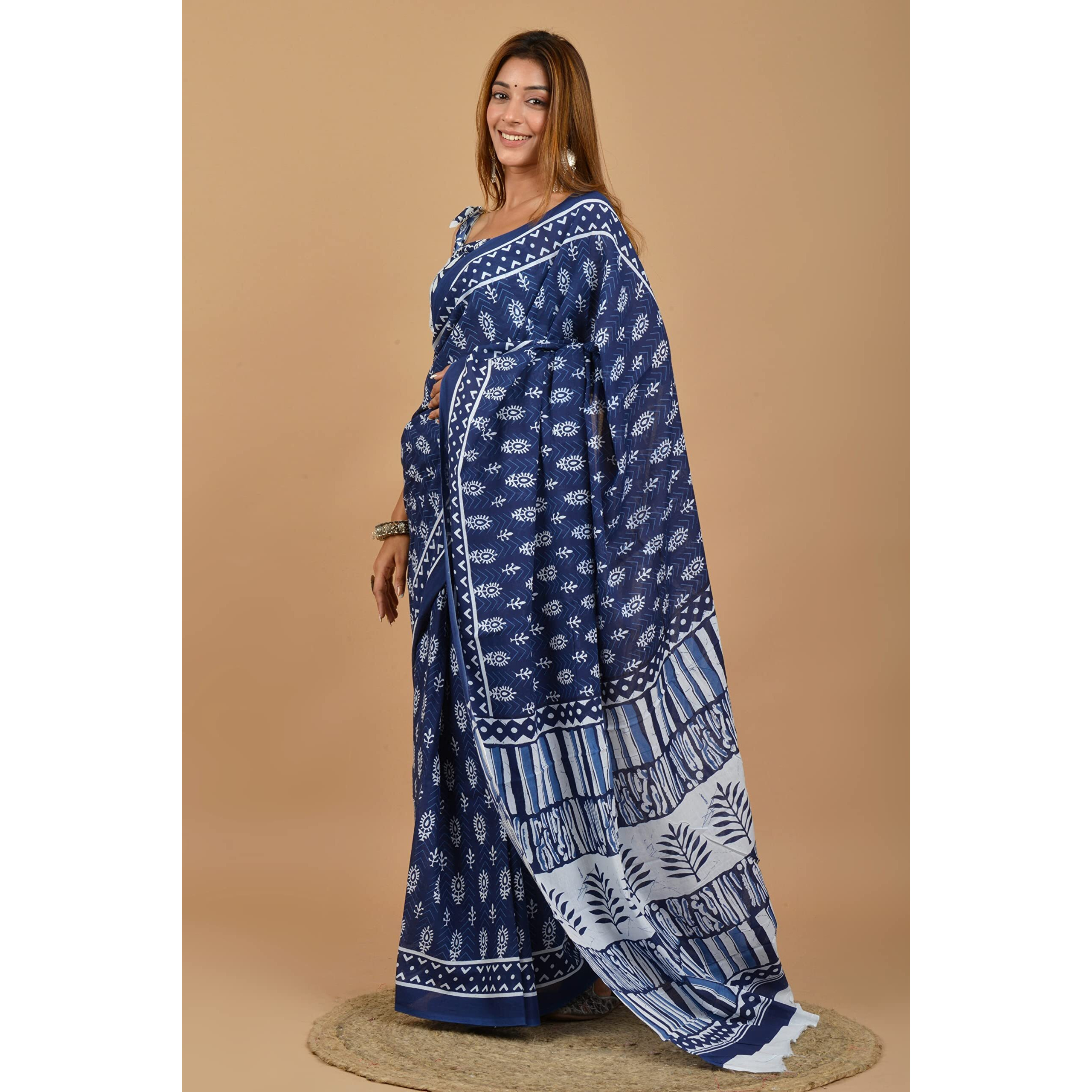 JALTHER Womens Ikat Hand Block Print Jaipuri Cotton Mulmul Saree with Blouse Piece -Blue_Sup_Blue_493_J2