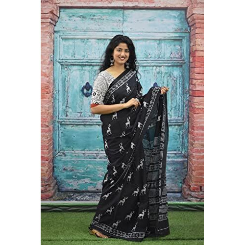 JALTHER Handicrafts Womens Ikat Hand Block Print Jaipuri Cotton Mulmul Saree with Blouse Piece - Blue_47