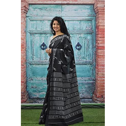 JALTHER Handicrafts Womens Ikat Hand Block Print Jaipuri Cotton Mulmul Saree with Blouse Piece - Blue_47
