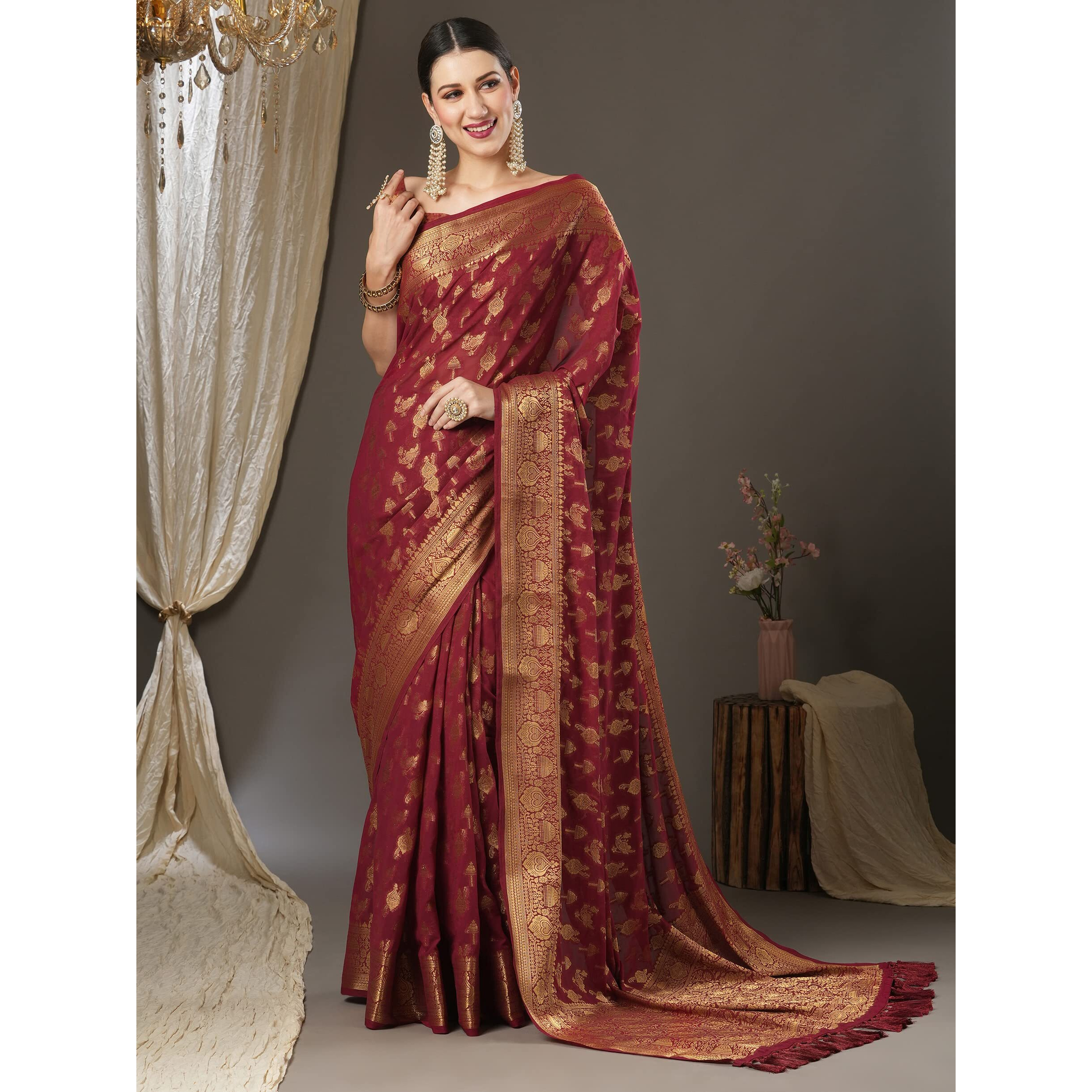 AKHILAM Womens Kanjeevaram Georgette Ethnic Motif Zari Saree With Unstitched Blouse Piece (Maroon_ALEKHA1002)