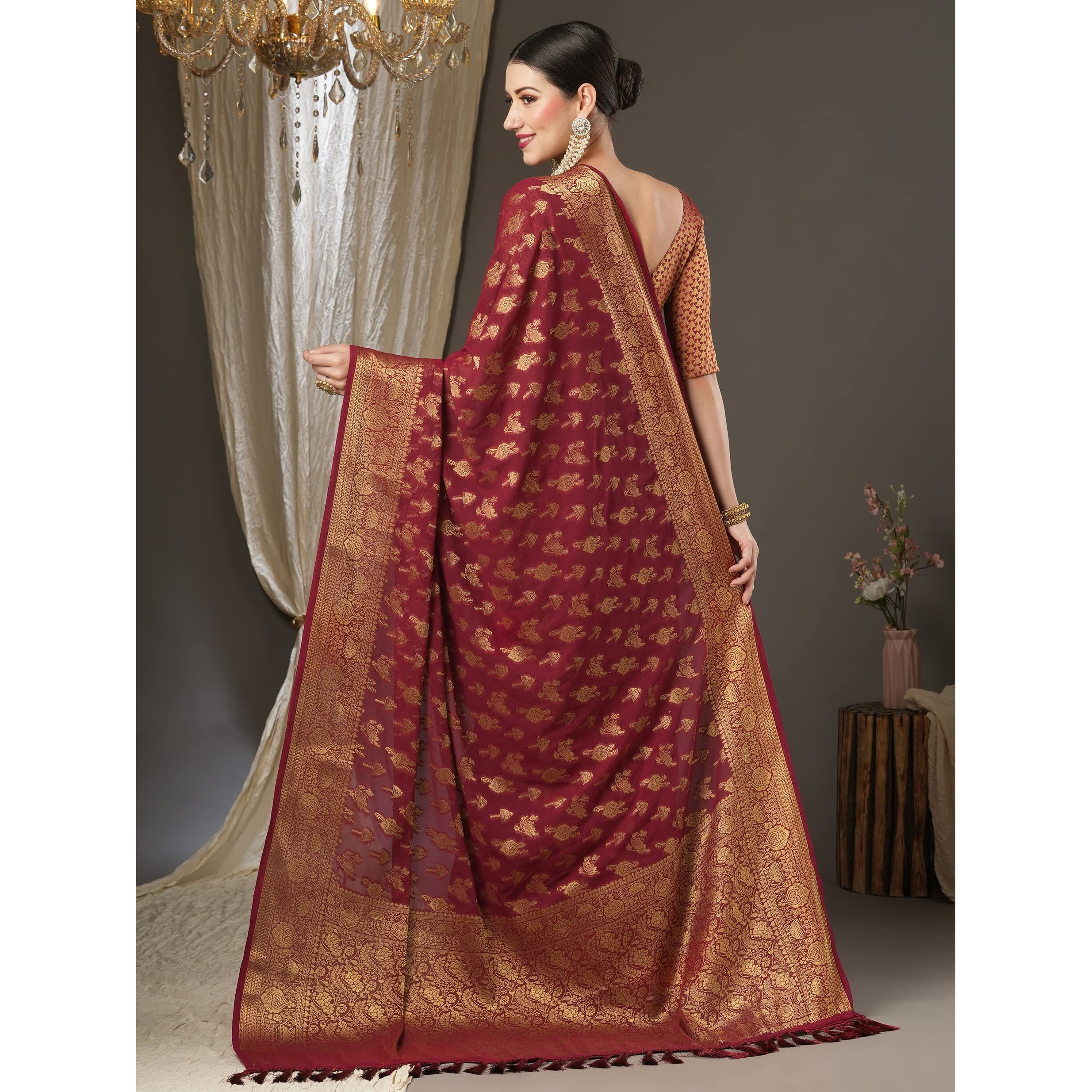 AKHILAM Womens Kanjeevaram Georgette Ethnic Motif Zari Saree With Unstitched Blouse Piece (Maroon_ALEKHA1002)