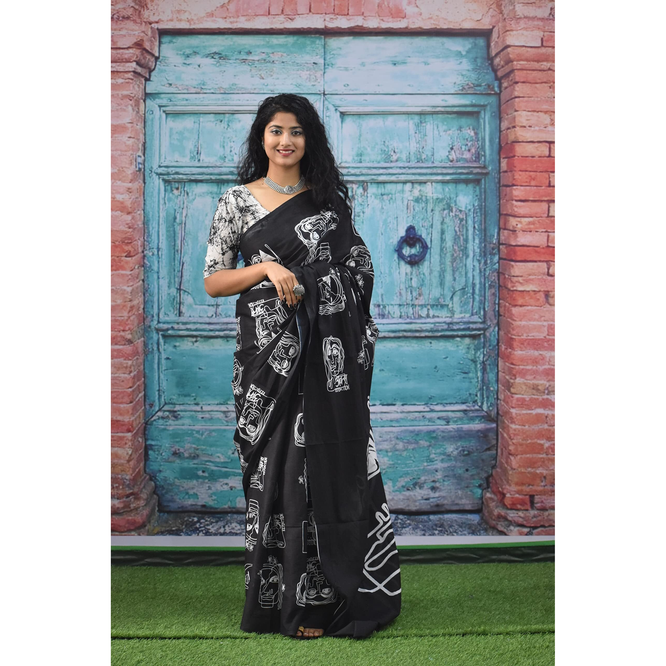 Jalther Handicrafts Womens Ikat Hand Block Print Jaipuri Cotton Mulmul Saree with Blouse Piece - _SH_129