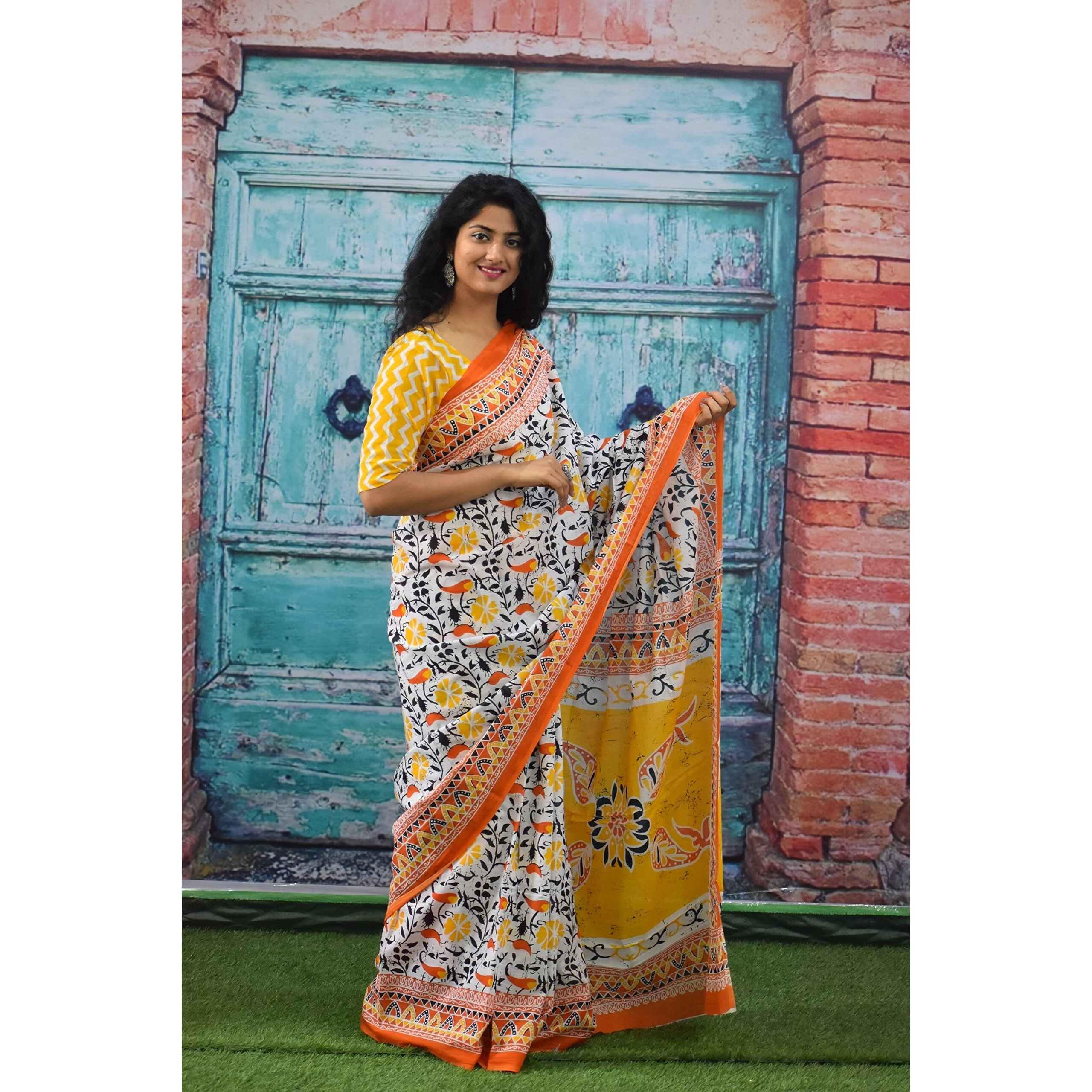 JALTHER Handicrafts Womens Ikat Hand Block Print Jaipuri Cotton Mulmul Saree with Blouse Piece - _SH_113