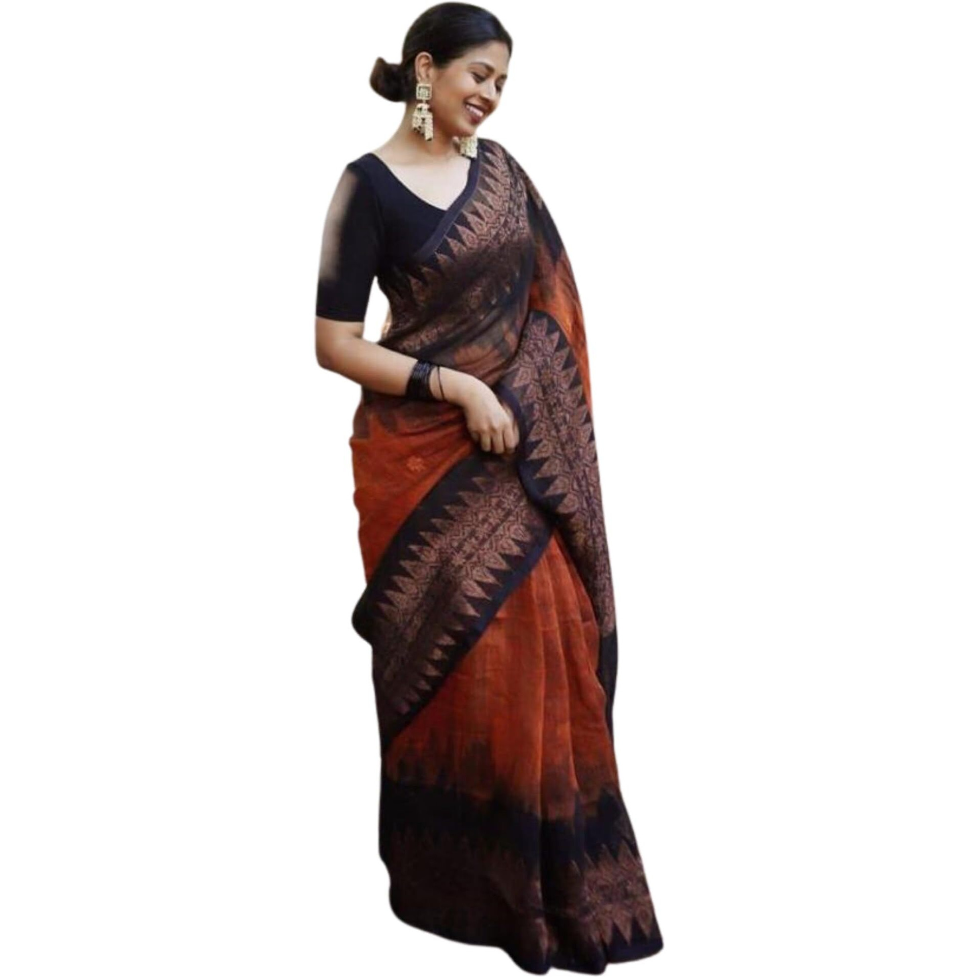 SGF11 Womens Kanjivaram Soft Cotton Linen Silk Saree With Blouse Piece (Orange Black)