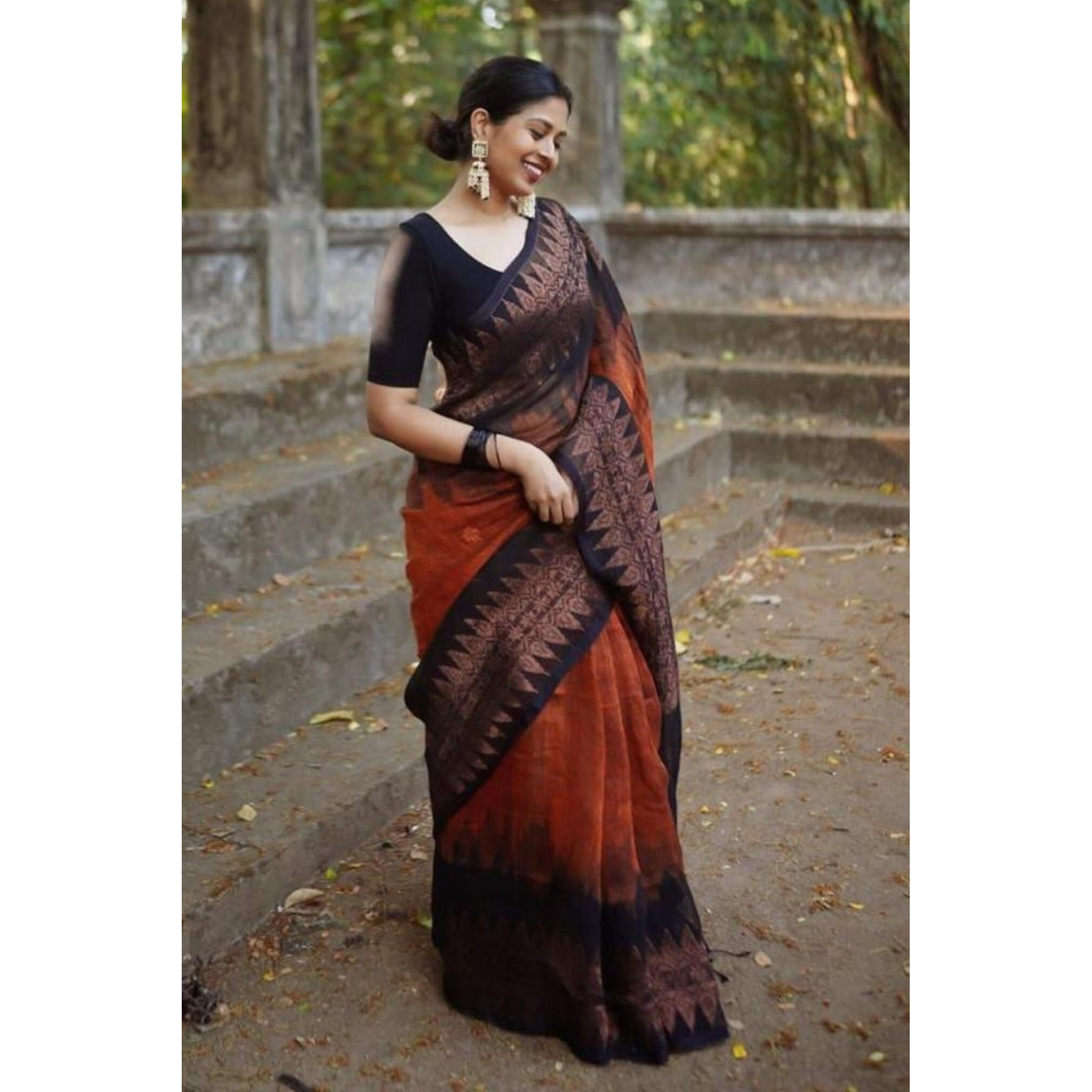 SGF11 Womens Kanjivaram Soft Cotton Linen Silk Saree With Blouse Piece (Orange Black)