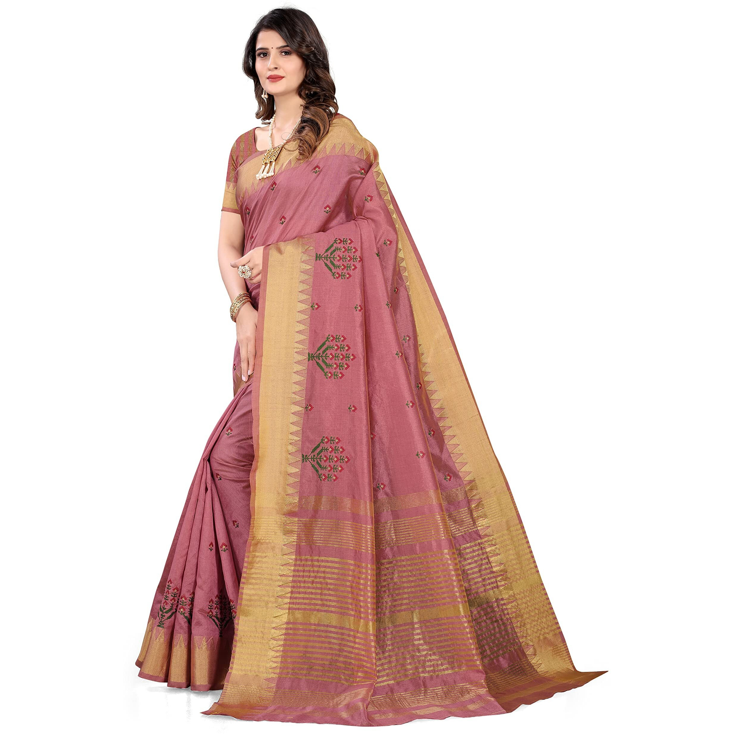 SERONA FABRICS Womens Assam Cotton Silk With Golden Border Thread Embroidery Saree With Blouse Piece