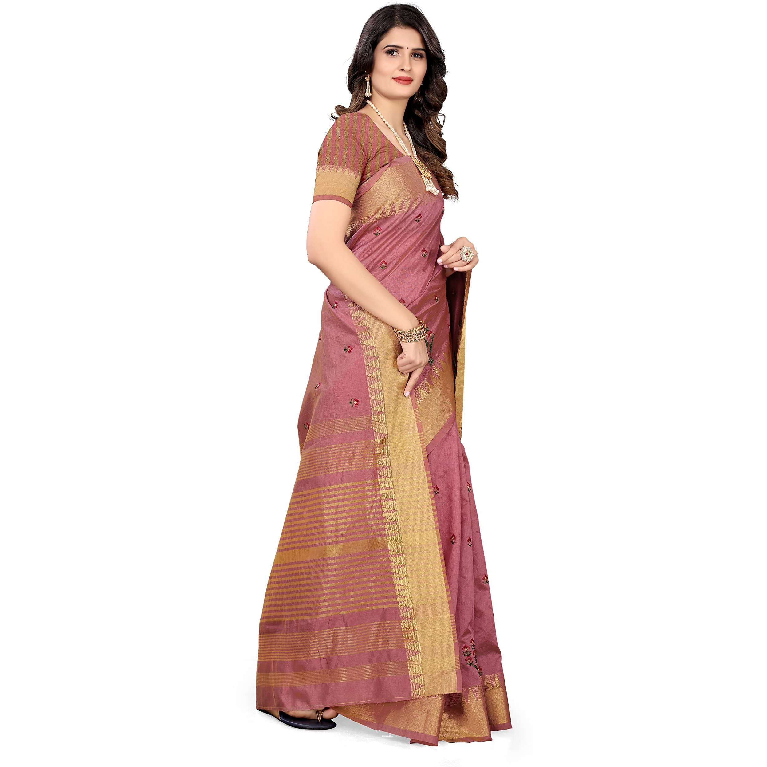 SERONA FABRICS Womens Assam Cotton Silk With Golden Border Thread Embroidery Saree With Blouse Piece