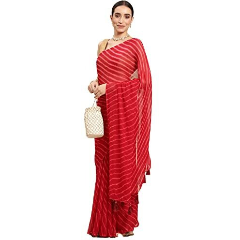 RANI SAAHIBA Womens Chiffon Lehriya Printed Saree Without Blouse (SSKR3652_Maroon)