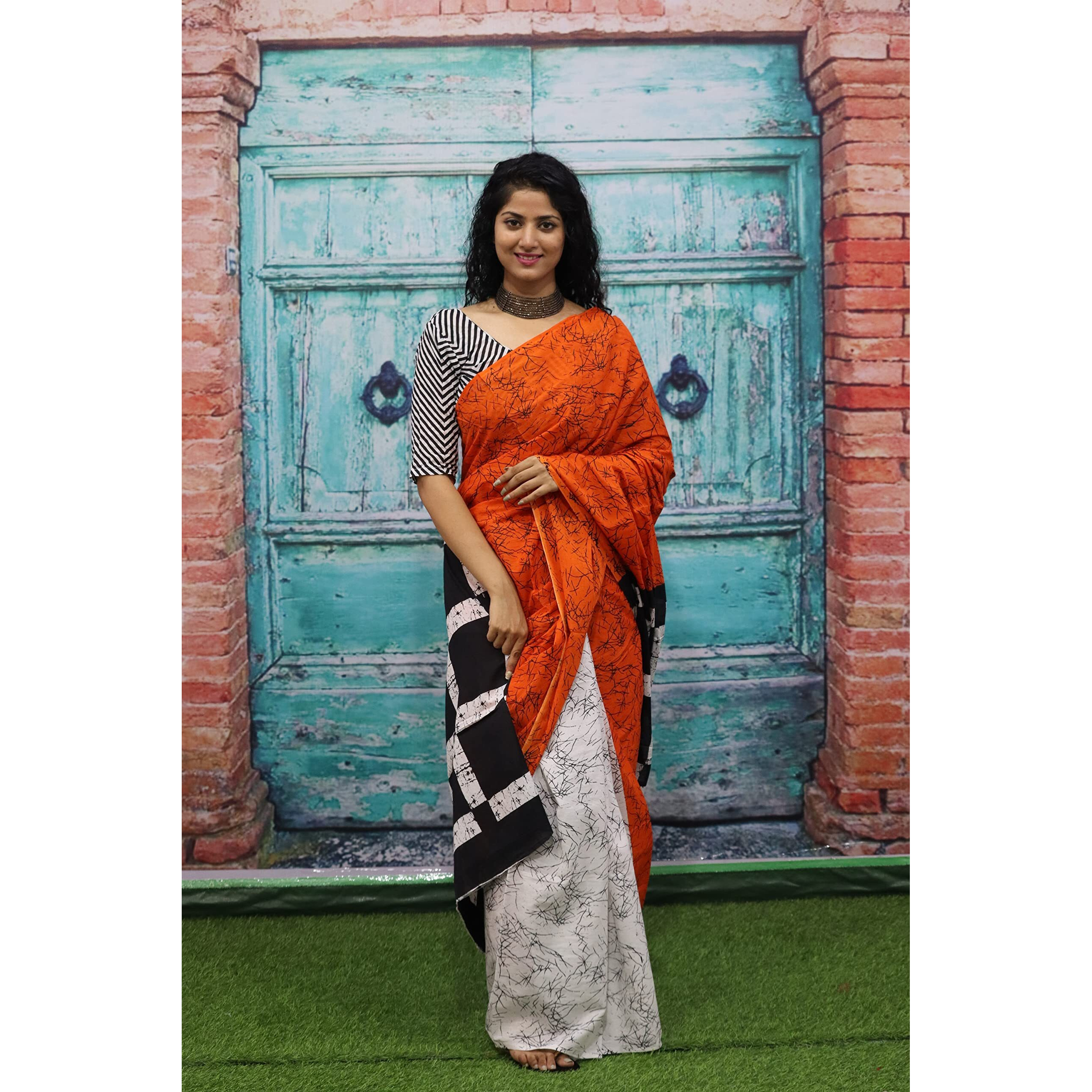 JALTHER Handicrafts Womens Ikat Hand Block Print Jaipuri Cotton Mulmul Saree with Blouse Piece - _SH_127
