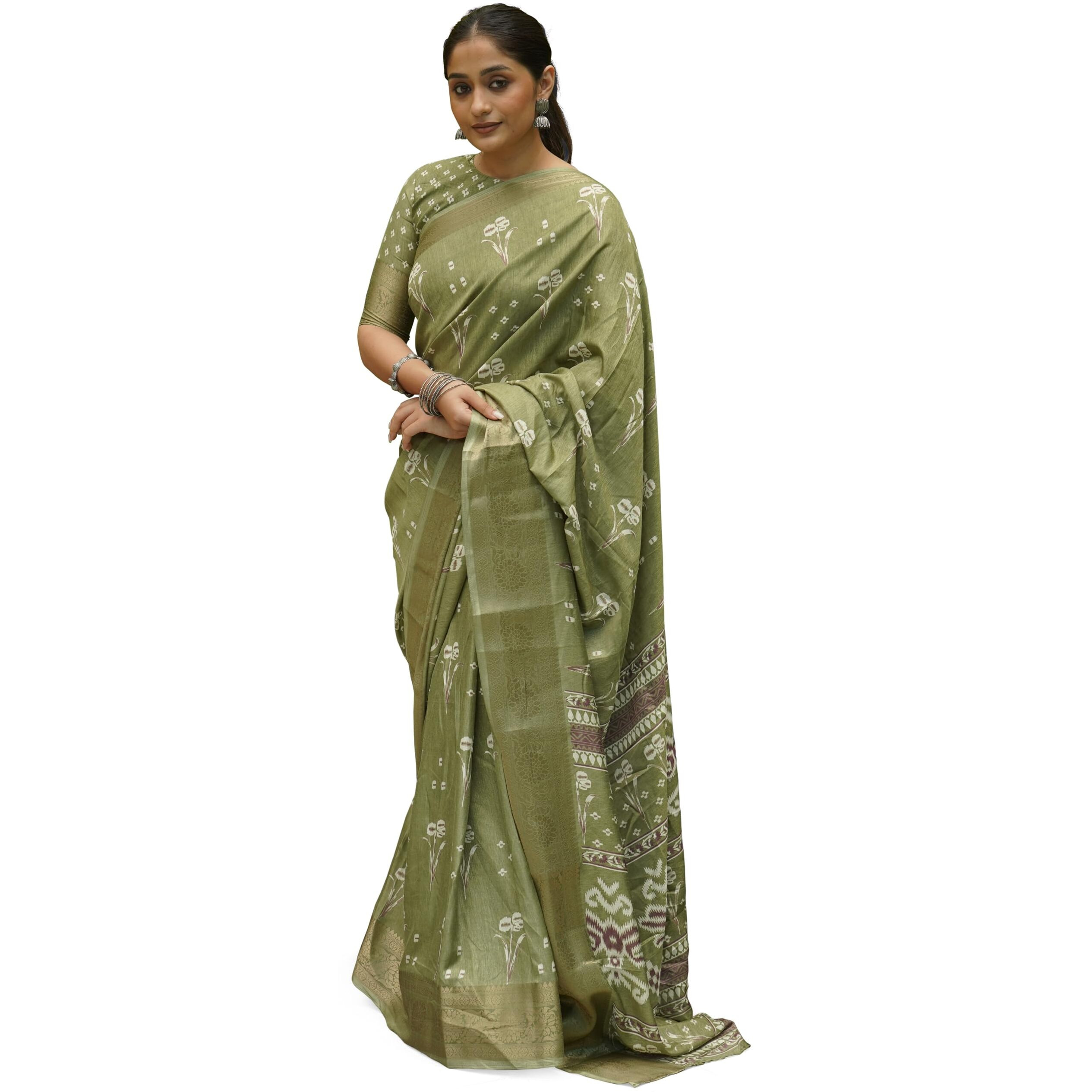 MIRCHI FASHION Womens Silk Blend Ikkat Block Printed Saree with Blouse Piece (42031-Olive Green, Off White, Brown)