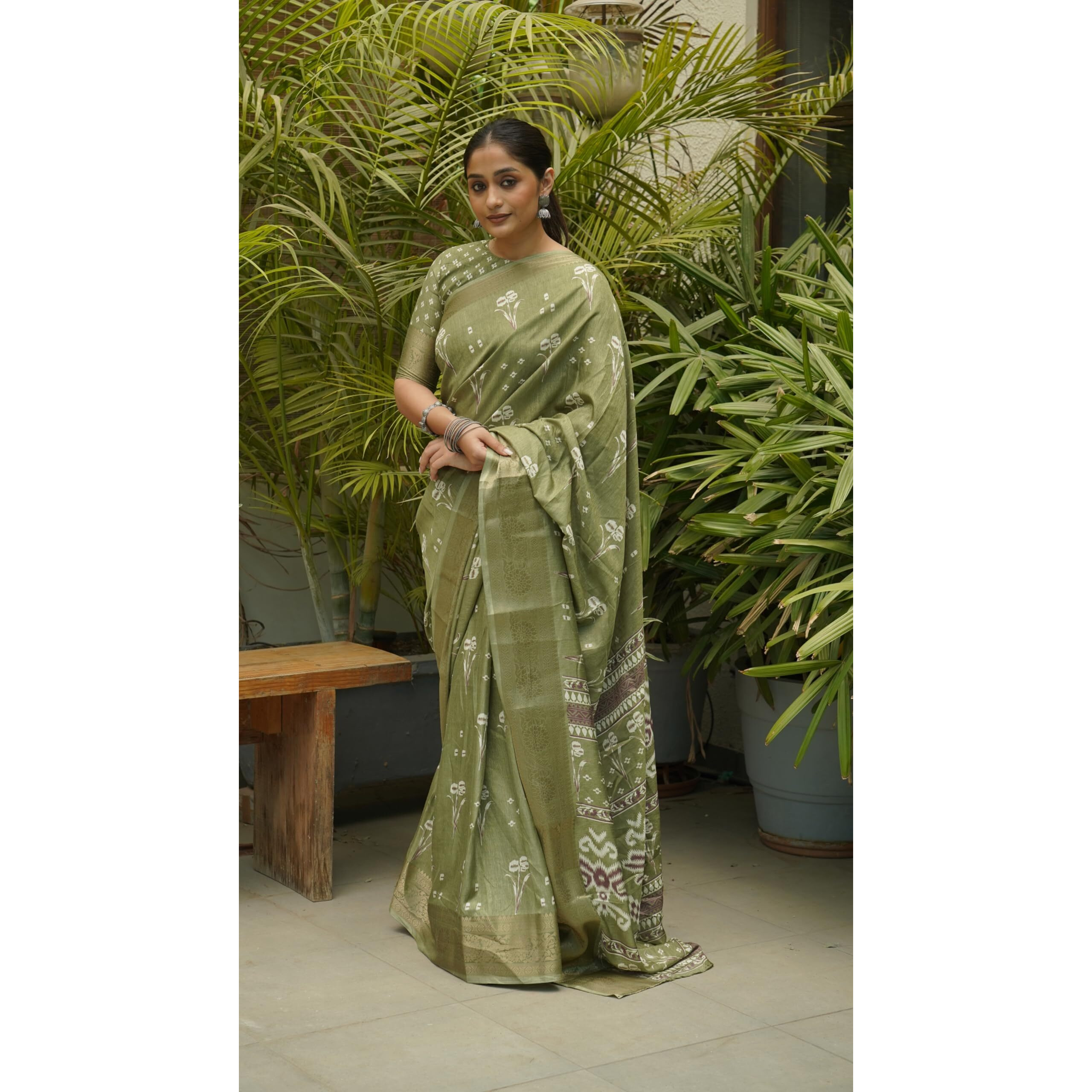 MIRCHI FASHION Womens Silk Blend Ikkat Block Printed Saree with Blouse Piece (42031-Olive Green, Off White, Brown)