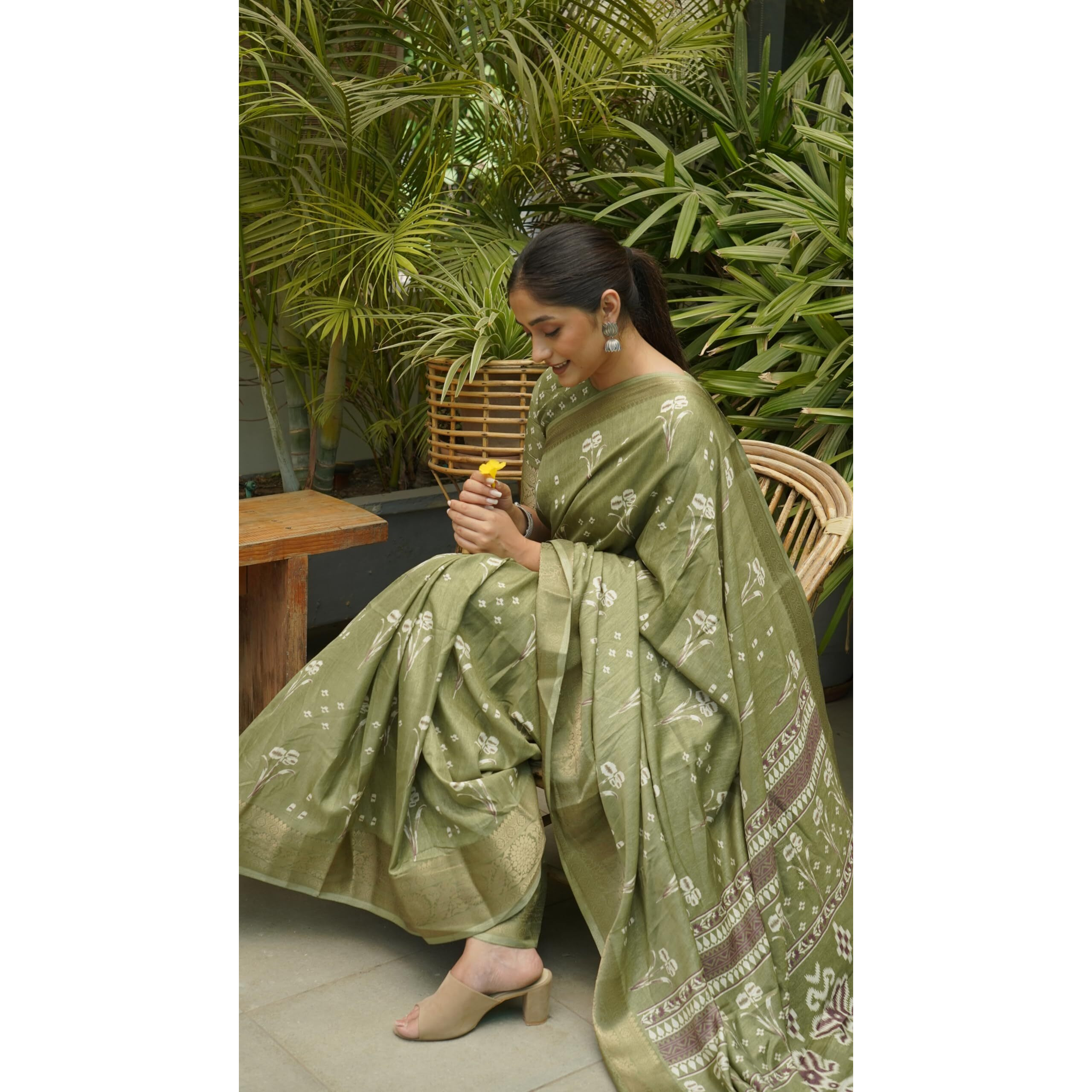 MIRCHI FASHION Womens Silk Blend Ikkat Block Printed Saree with Blouse Piece (42031-Olive Green, Off White, Brown)