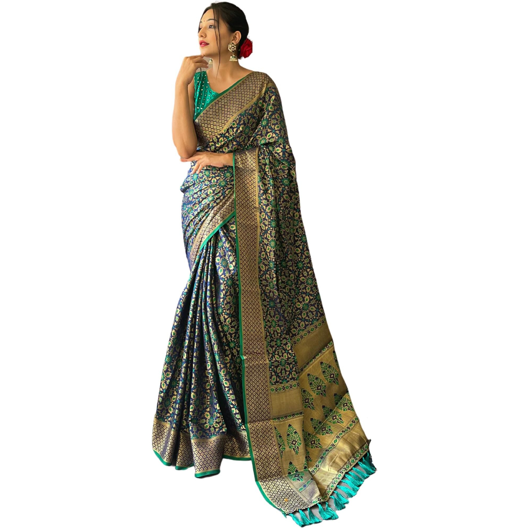SGF11 Womens Kanjivaram patola Soft Lichi Silk Sarees With Unstitched Blouse Piece (Dark Blue/Green)