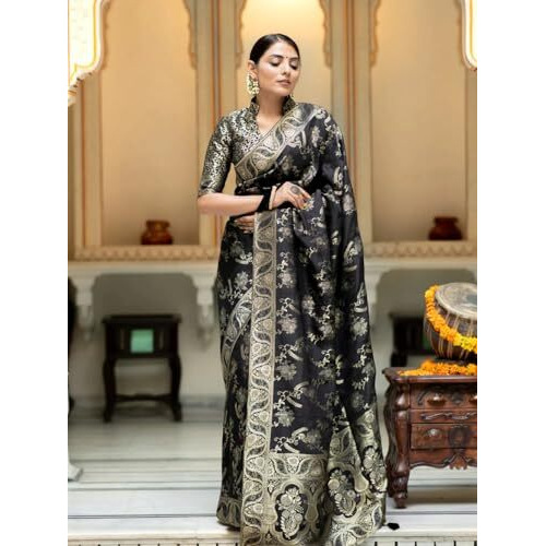 C J Enterprise Womens Banarasi Saree Pure Kanjivaram Silk Saree Soft Design Wear Pattu Sarees Latest Cotton With Blouse Piece Kanchipuram for Wedding sadi new ladies 2023(AlmariFlowrjaal) (Black)