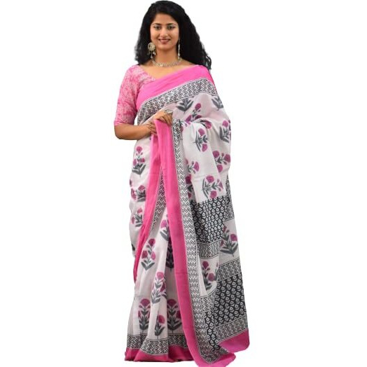 JALTHER Handicrafts Womens Ikat Hand Block Print Jaipuri Cotton Mulmul Saree with Blouse Piece - _SH_119