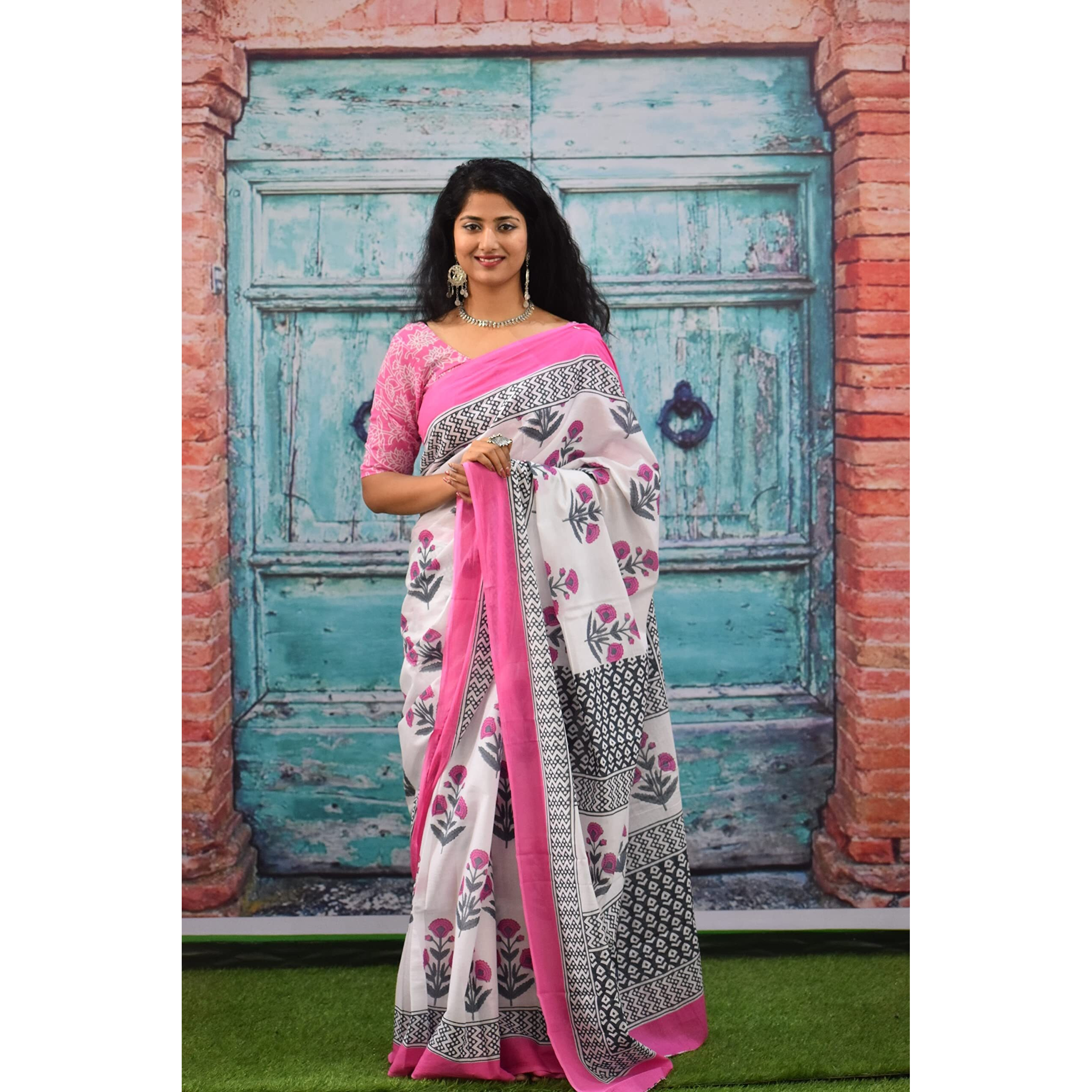 JALTHER Handicrafts Womens Ikat Hand Block Print Jaipuri Cotton Mulmul Saree with Blouse Piece - _SH_119
