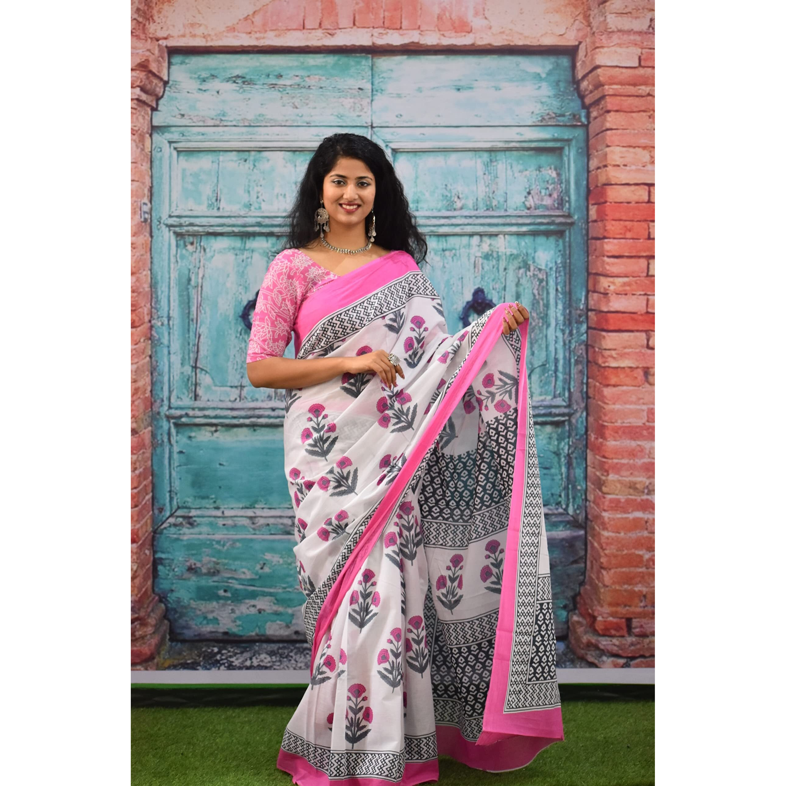 JALTHER Handicrafts Womens Ikat Hand Block Print Jaipuri Cotton Mulmul Saree with Blouse Piece - _SH_119