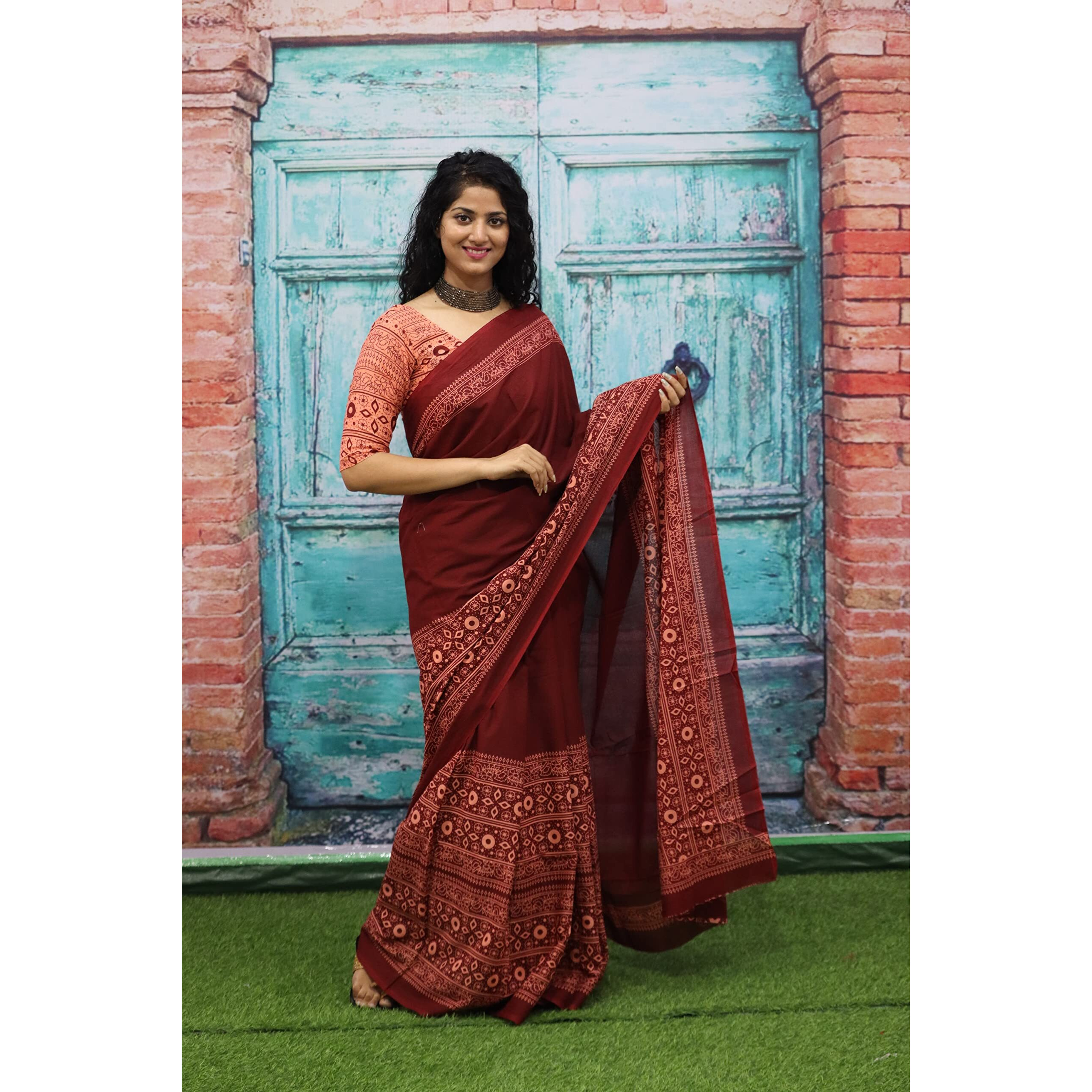 JALTHER Handicrafts Womens Ikat Hand Block Print Jaipuri Cotton Mulmul Saree with Blouse Piece - _SH_141