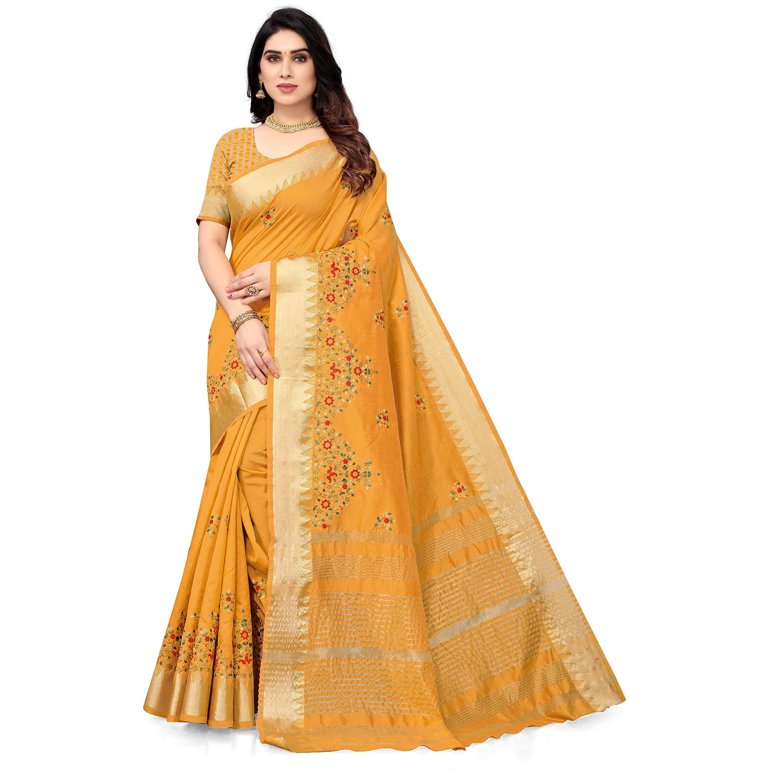 SERONA FABRICS Womens Assam Cotton Silk With Golden Border Thread Embroidered Work Saree With Blouse Piece