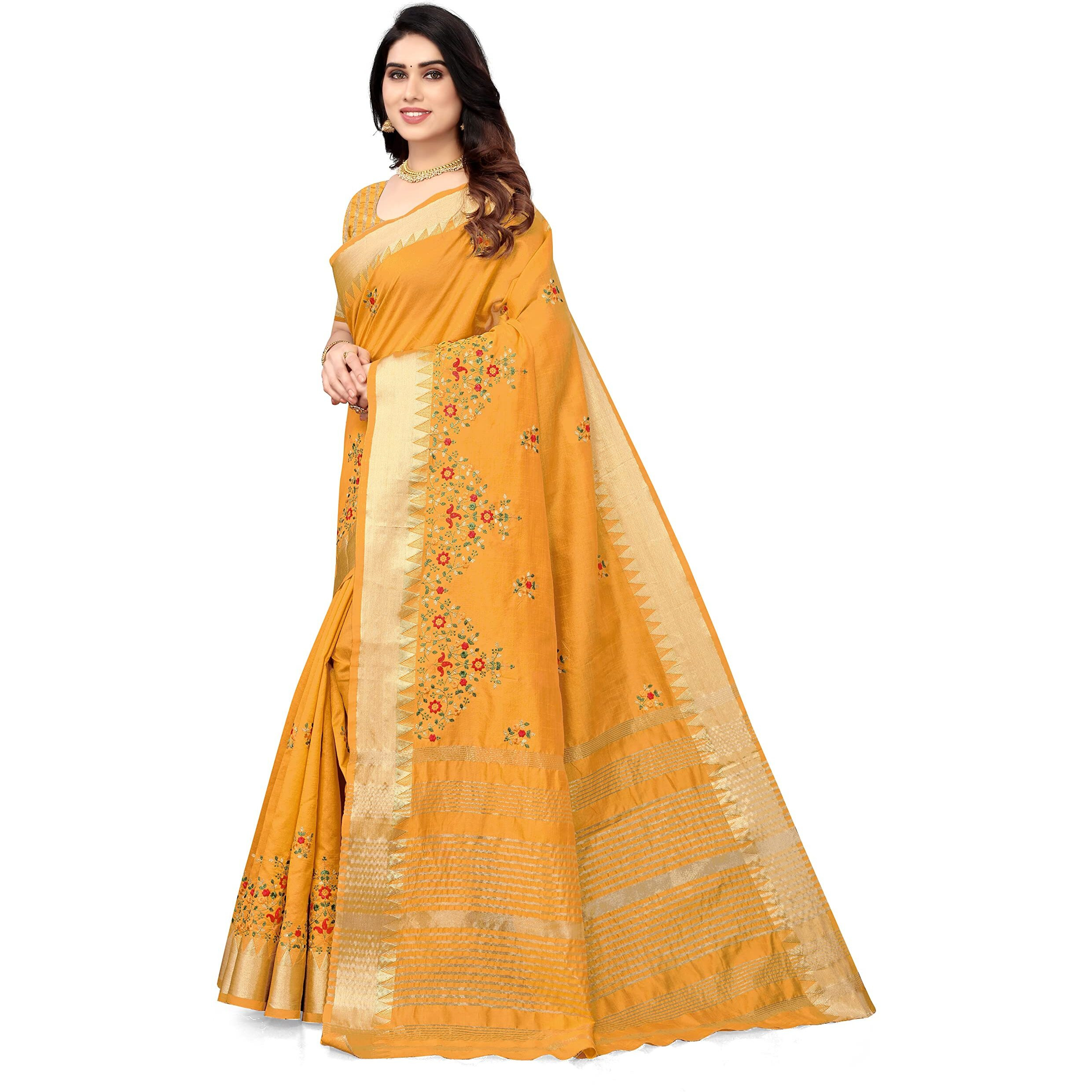 SERONA FABRICS Womens Assam Cotton Silk With Golden Border Thread Embroidered Work Saree With Blouse Piece