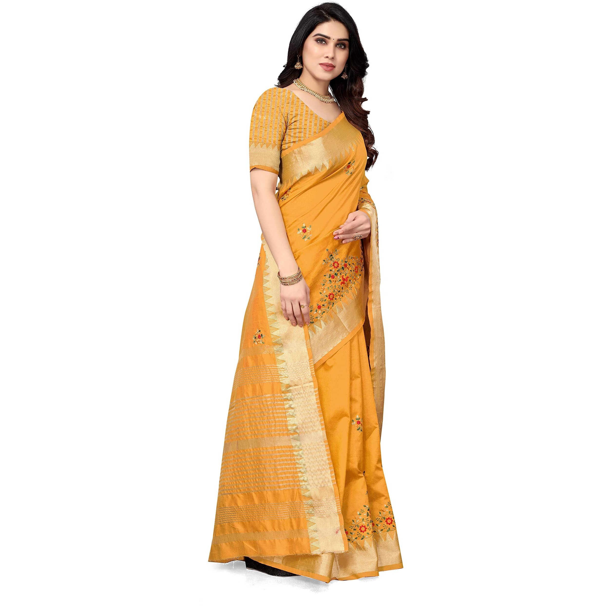 SERONA FABRICS Womens Assam Cotton Silk With Golden Border Thread Embroidered Work Saree With Blouse Piece