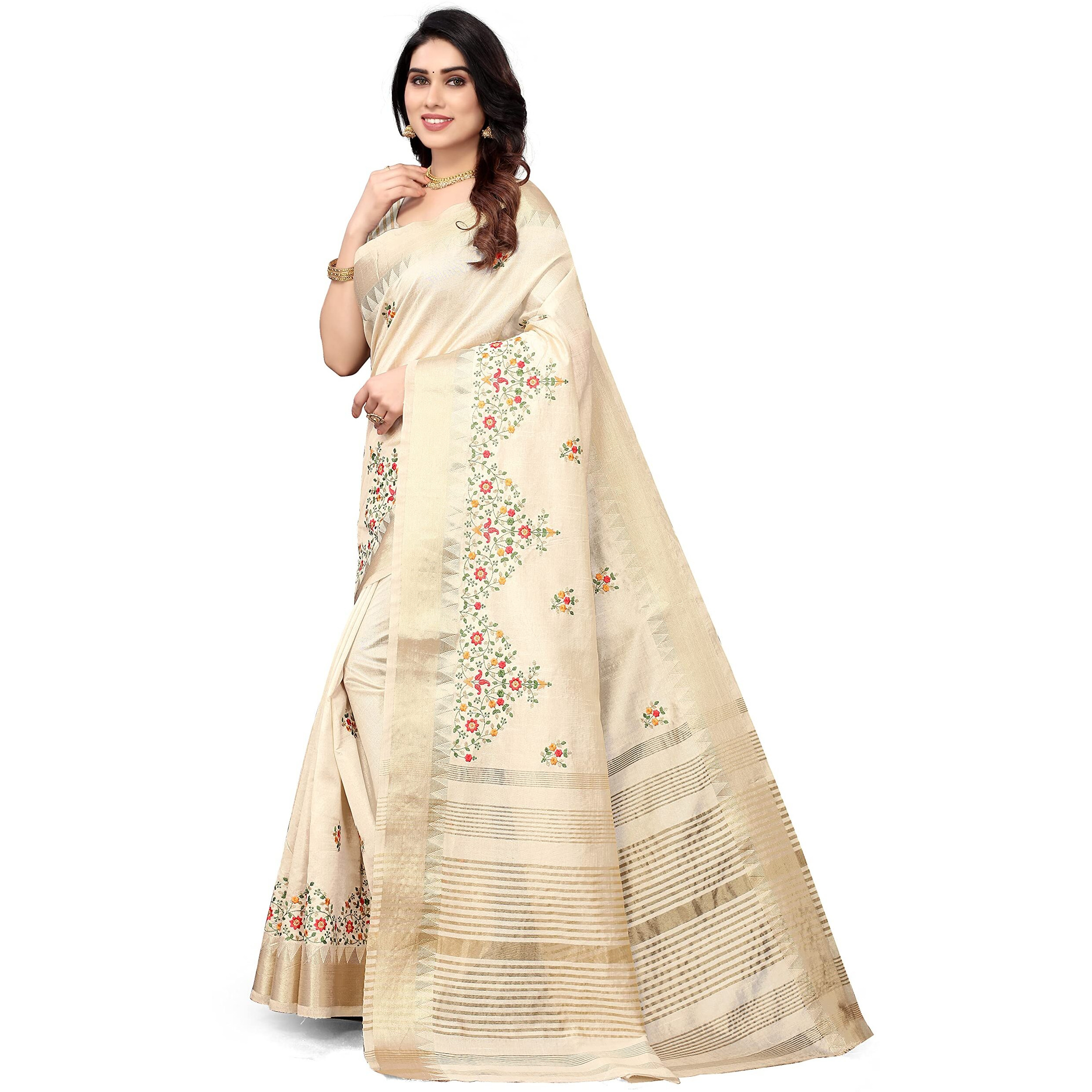 SERONA FABRICS Womens Assam Cotton Silk With Golden Border Thread Embroidered Work Saree With Blouse Piece