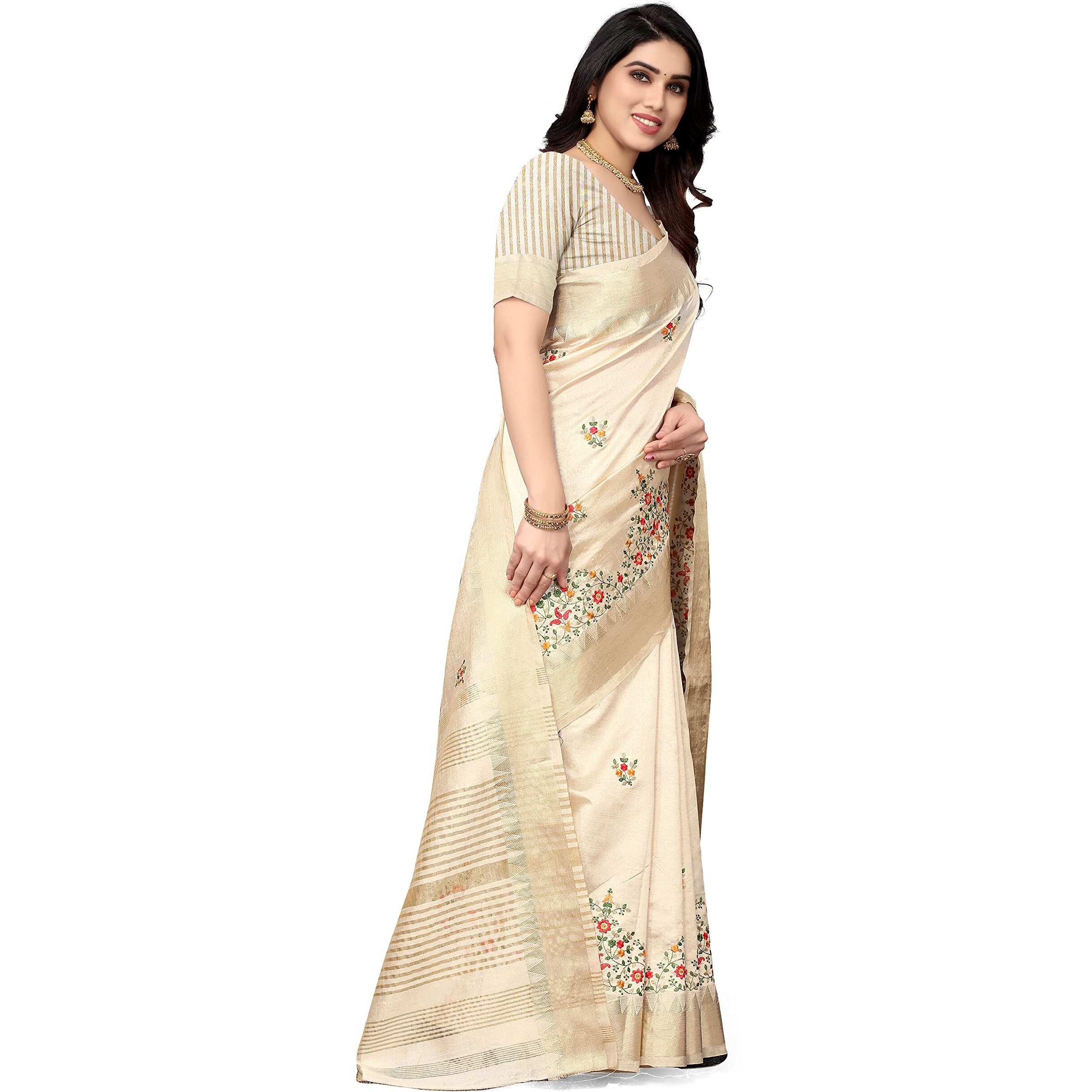 SERONA FABRICS Womens Assam Cotton Silk With Golden Border Thread Embroidered Work Saree With Blouse Piece