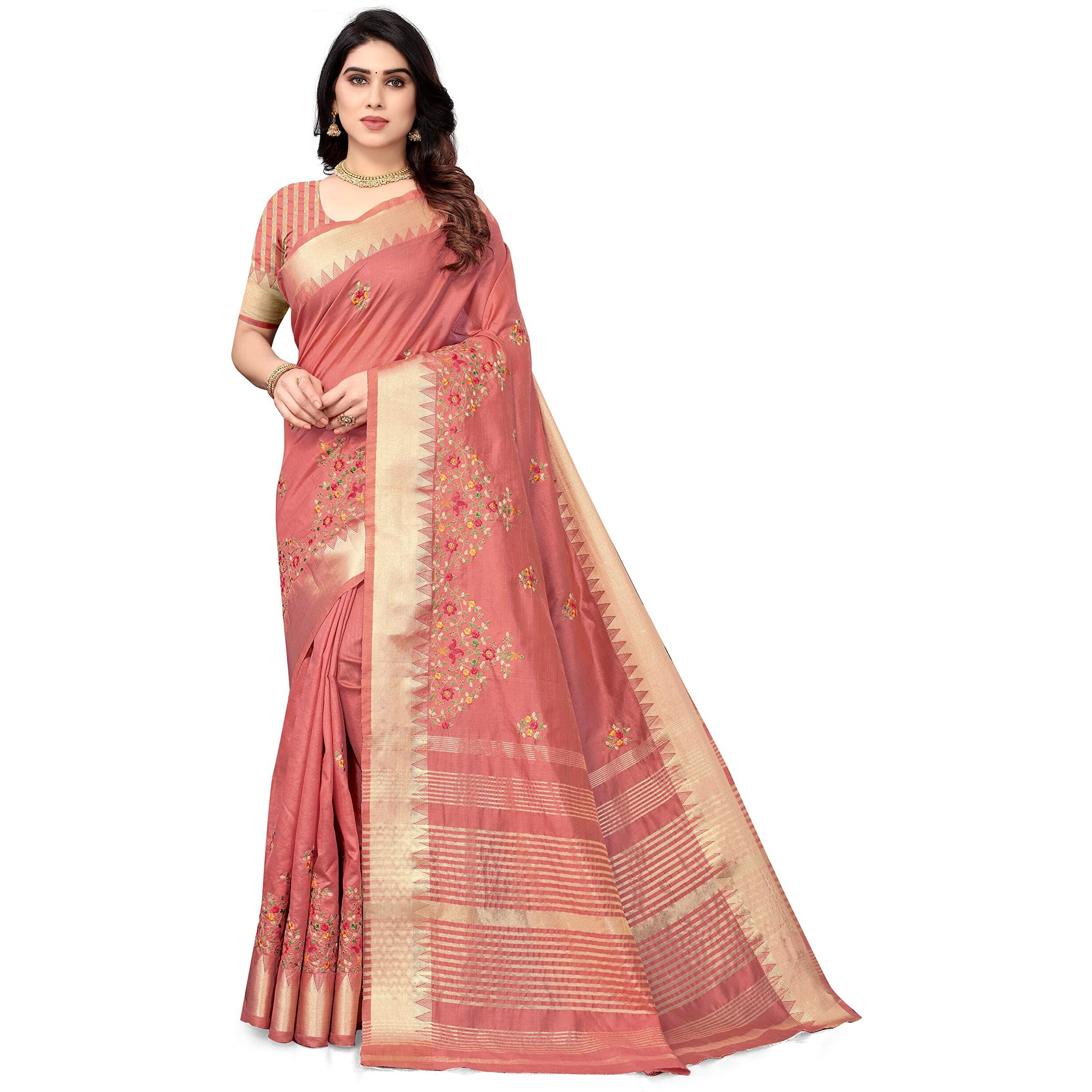 SERONA FABRICS Womens Assam Cotton Silk With Golden Border Thread Embroidered Work Saree With Blouse Piece