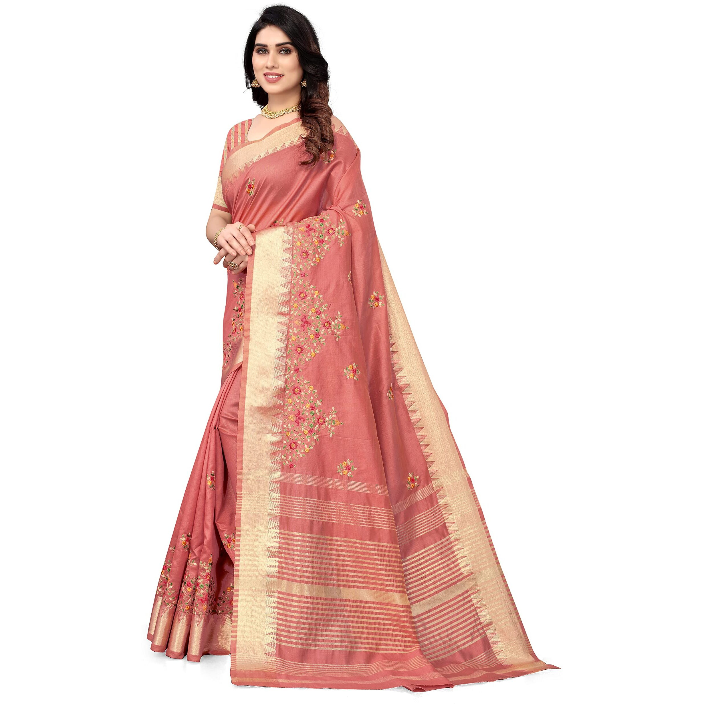 SERONA FABRICS Womens Assam Cotton Silk With Golden Border Thread Embroidered Work Saree With Blouse Piece