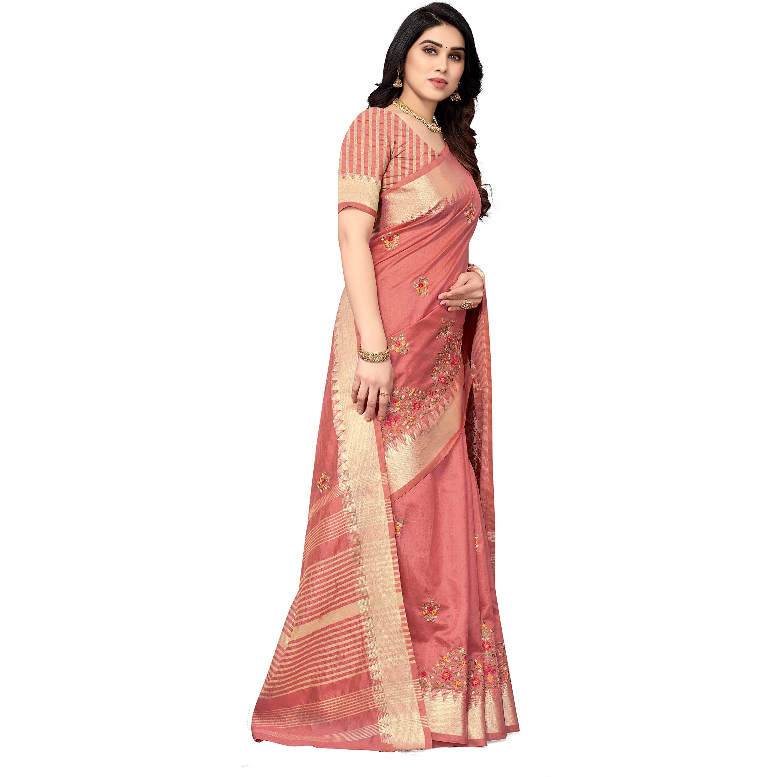 SERONA FABRICS Womens Assam Cotton Silk With Golden Border Thread Embroidered Work Saree With Blouse Piece