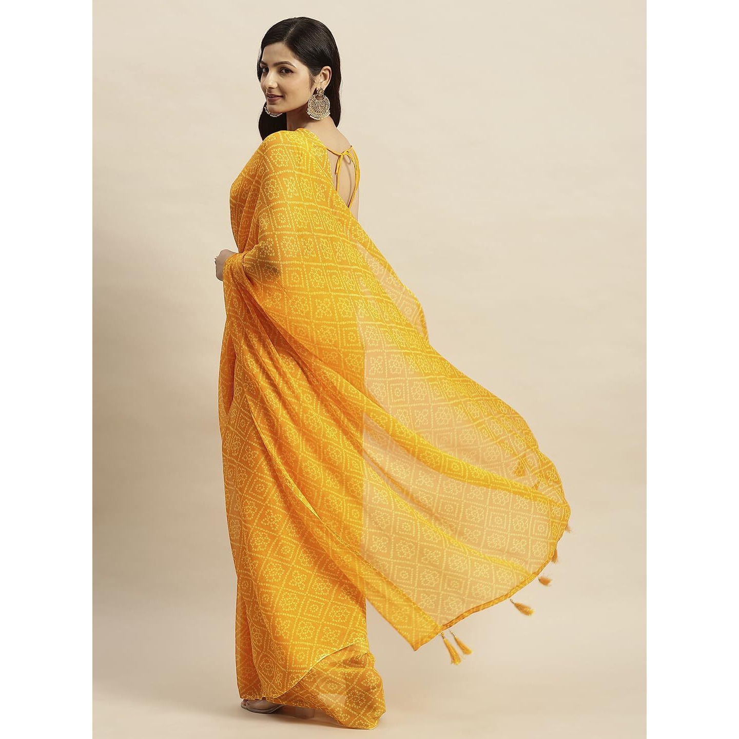 RATAN Womens Chiffon Bandhani Printed Saree without Blouse Piece(GZL-55033_Yellow)