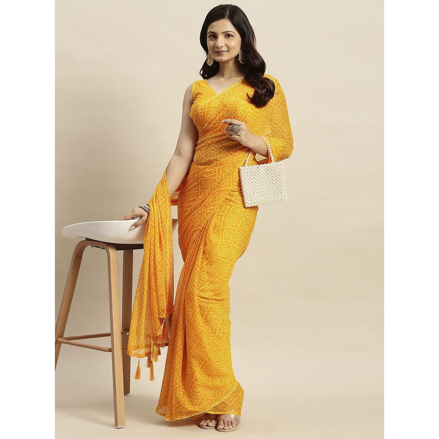 RATAN Womens Chiffon Bandhani Printed Saree without Blouse Piece(GZL-55033_Yellow)
