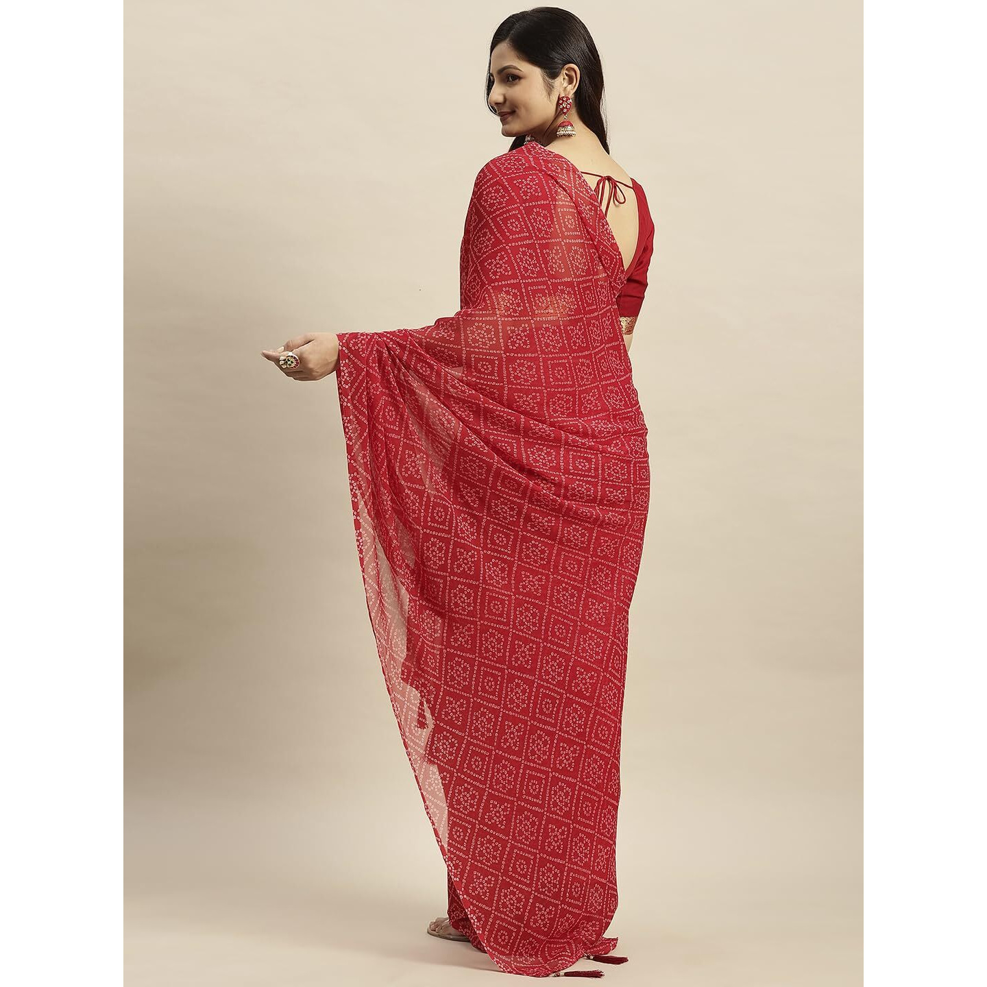 RATAN Womens Chiffon Bandhani Printed Saree without Blouse Piece(GZL-55031_Red)