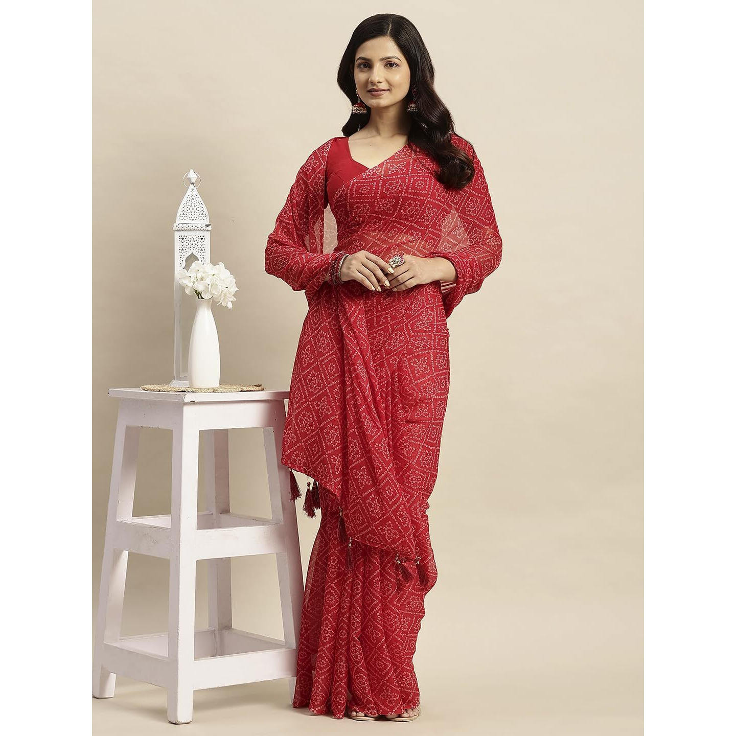 RATAN Womens Chiffon Bandhani Printed Saree without Blouse Piece(GZL-55031_Red)