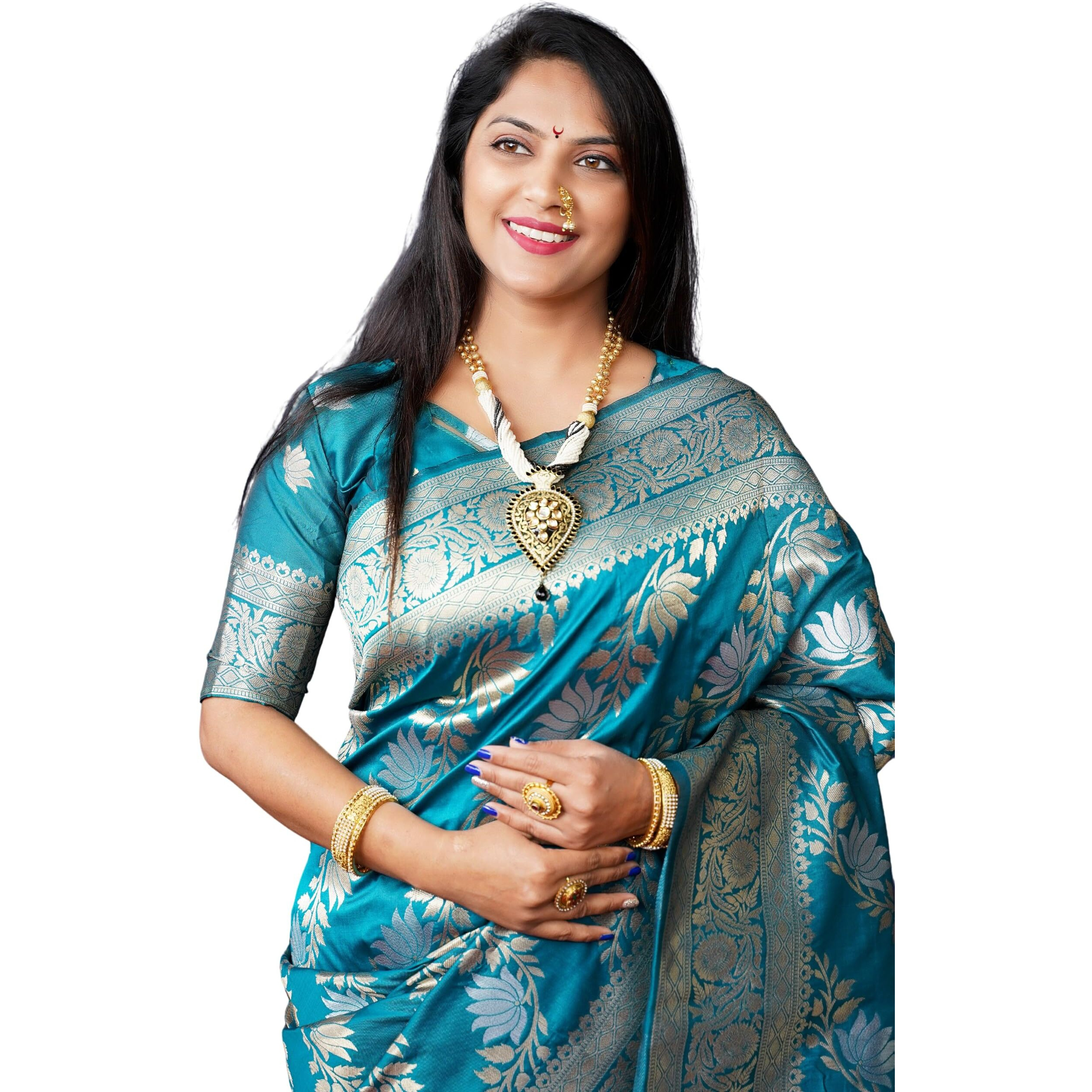 AMIRAT Womens Banarasi Silk With Woven Floral Zari Design Saree With Blouse Piece (Gulabo -2) (Teal)