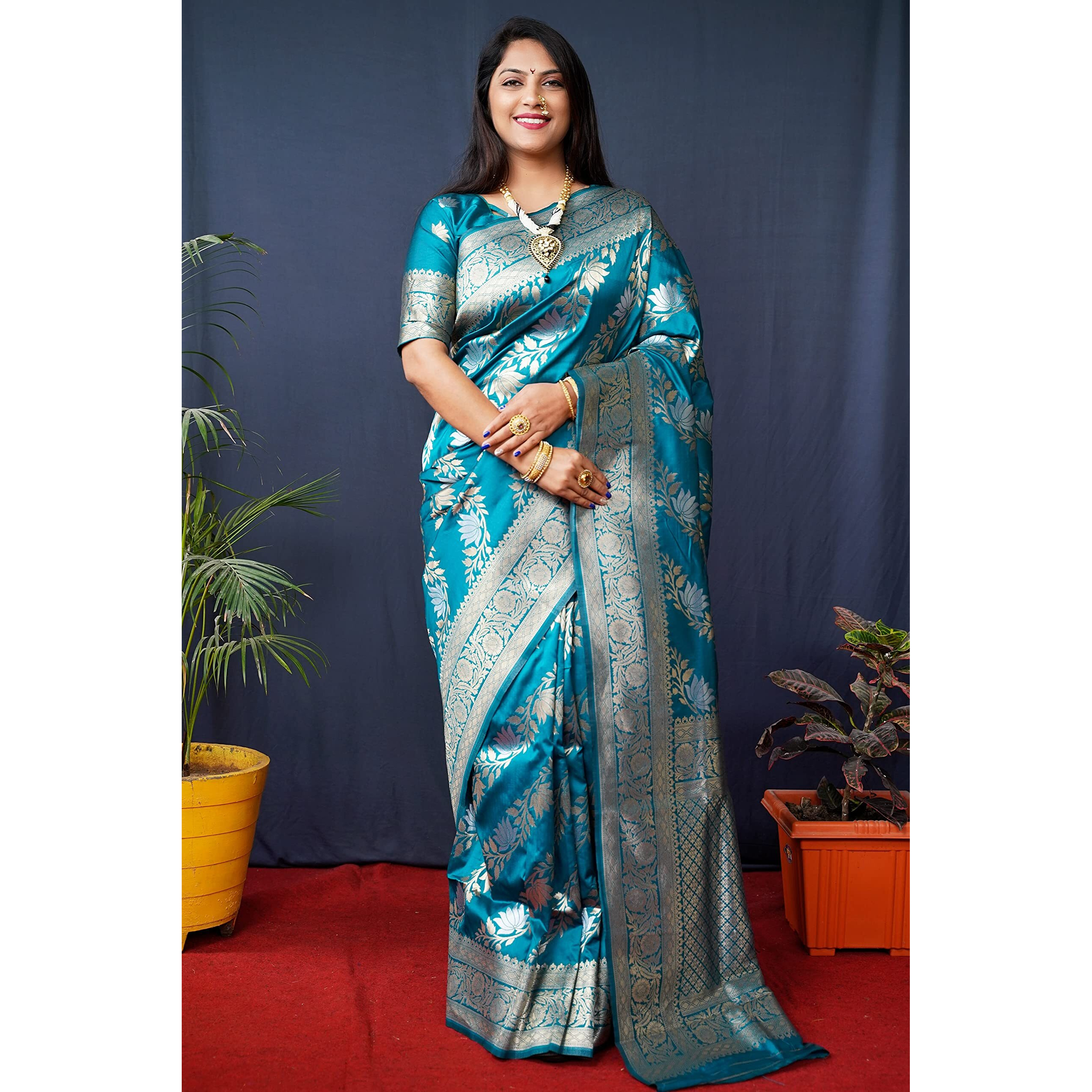 AMIRAT Womens Banarasi Silk With Woven Floral Zari Design Saree With Blouse Piece (Gulabo -2) (Teal)
