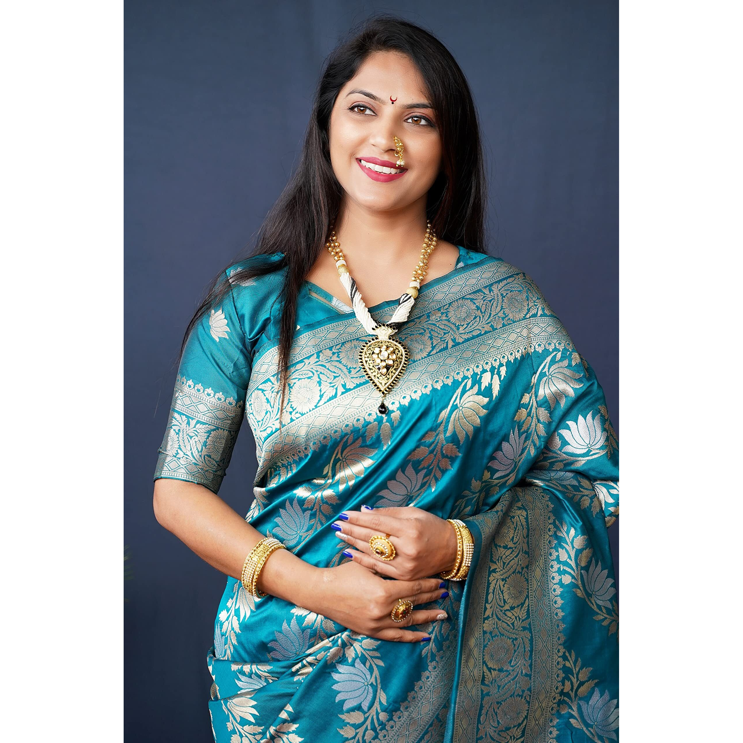 AMIRAT Womens Banarasi Silk With Woven Floral Zari Design Saree With Blouse Piece (Gulabo -2) (Teal)