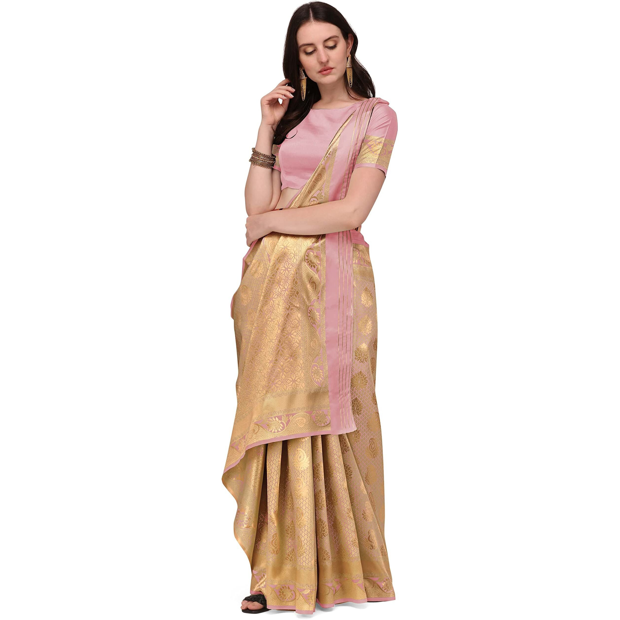 Jaanvi fashion Womens Banarasi Silk Sarees With Zari Jacquard Work & Blouse Piece (madhuram-pink)