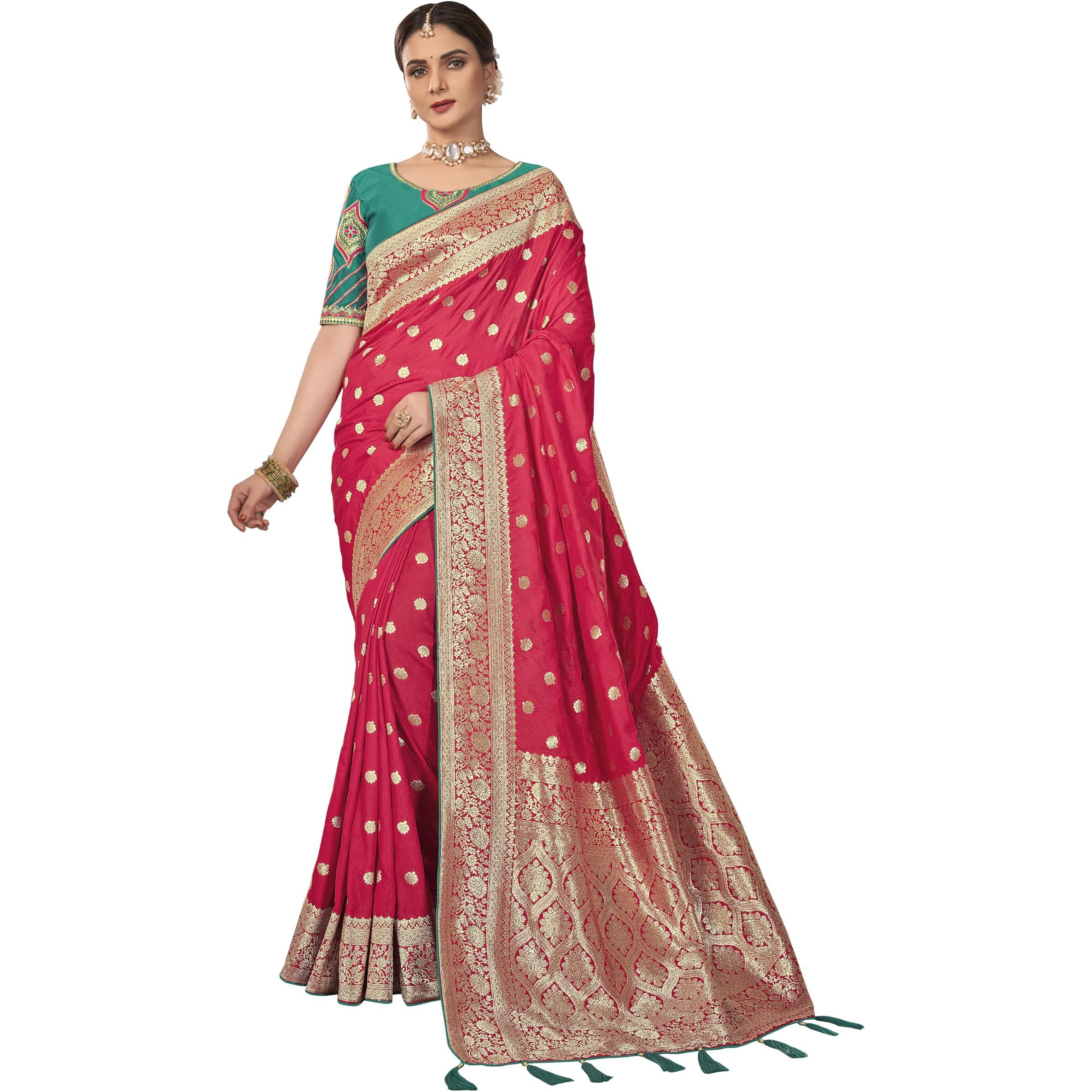 MANOHARI Banarasi Silk Woven Women, Pink Saree With Heavy Embroidery Blouse Piece_Mn1903
