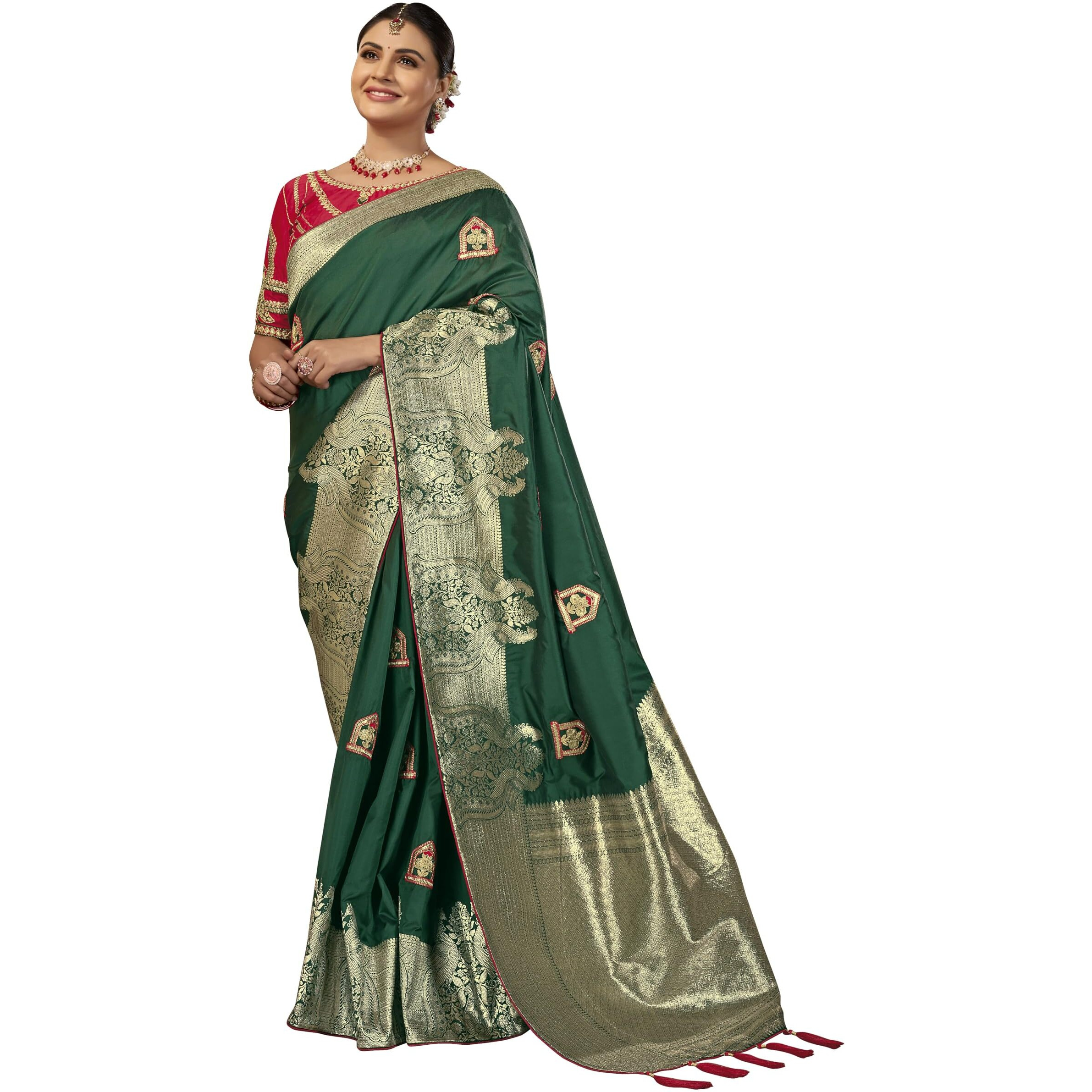MANOHARI Banarasi Silk Woven Saree With Heavy Embroidery Blouse Piece_Mn1888 - Women, Green