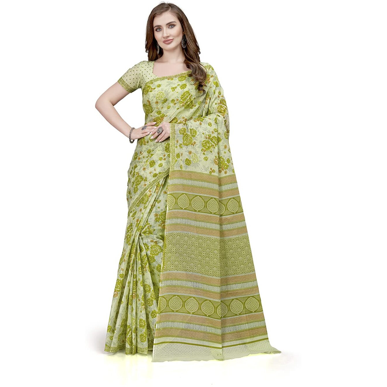 RATAN Pure Cotton Printed Mulmul Saree for Women with Blouse Piece (FBR-BP-3667_Green)