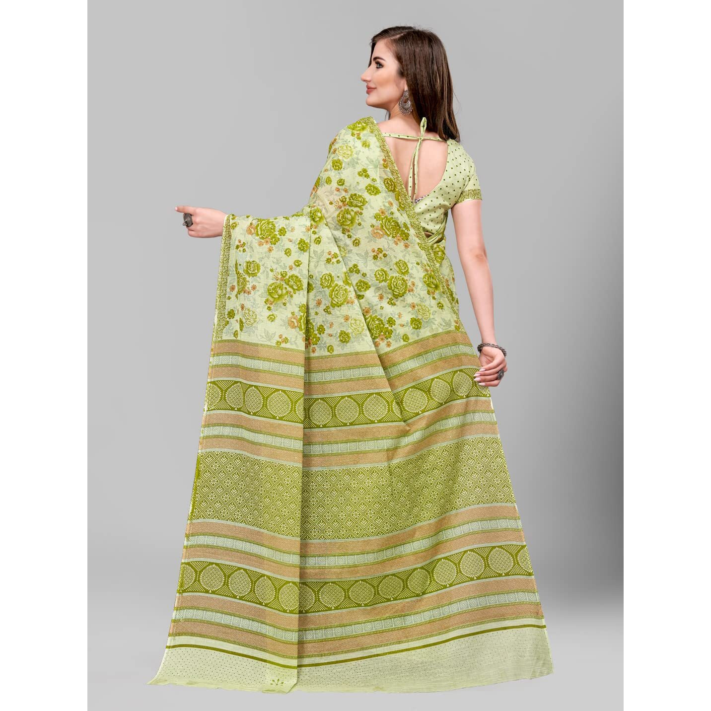 RATAN Pure Cotton Printed Mulmul Saree for Women with Blouse Piece (FBR-BP-3667_Green)