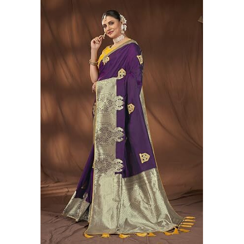 MANOHARI Banarasi Silk Woven Saree With Heavy Embroidery Blouse Piece_Mn1889 - Women, Purple