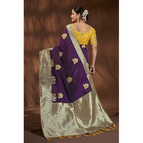 MANOHARI Banarasi Silk Woven Saree With Heavy Embroidery Blouse Piece_Mn1889 - Women, Purple