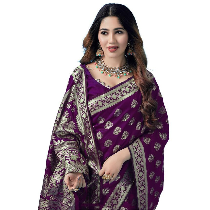 SAMAH Womens Art Silk Banarasi Jacquard Saree with Unstitched Blouse Piece (3409S106N_Dark Purple & Gold2)
