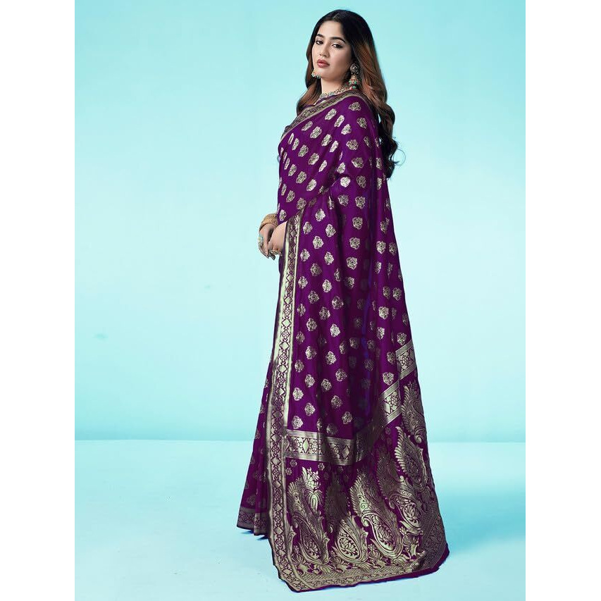 SAMAH Womens Art Silk Banarasi Jacquard Saree with Unstitched Blouse Piece (3409S106N_Dark Purple & Gold2)