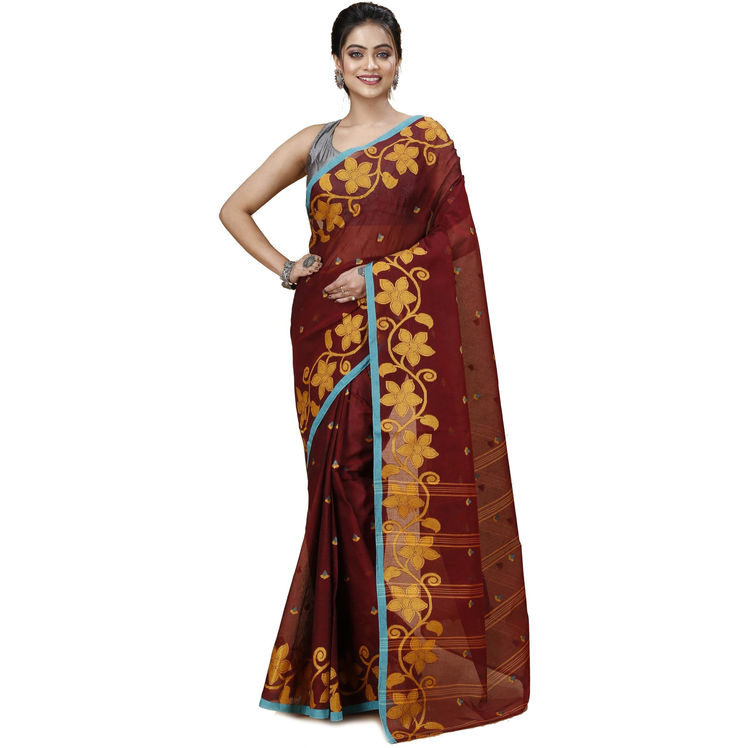Tant Story Womens Traditional Bengal Tant Handloom Pure Cotton Tangail Saree without Blouse Piece (Rusted Maroon)